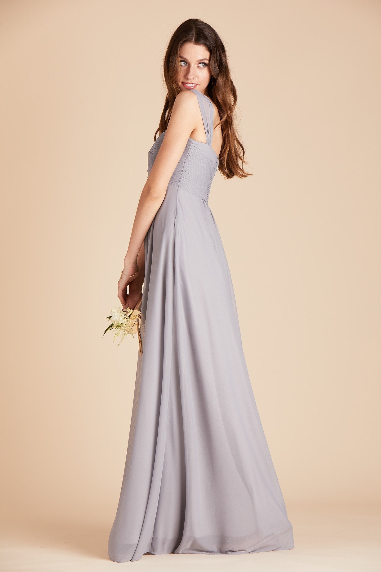 Maria convertible bridesmaids dress in silver mesh by Birdy Grey, side view