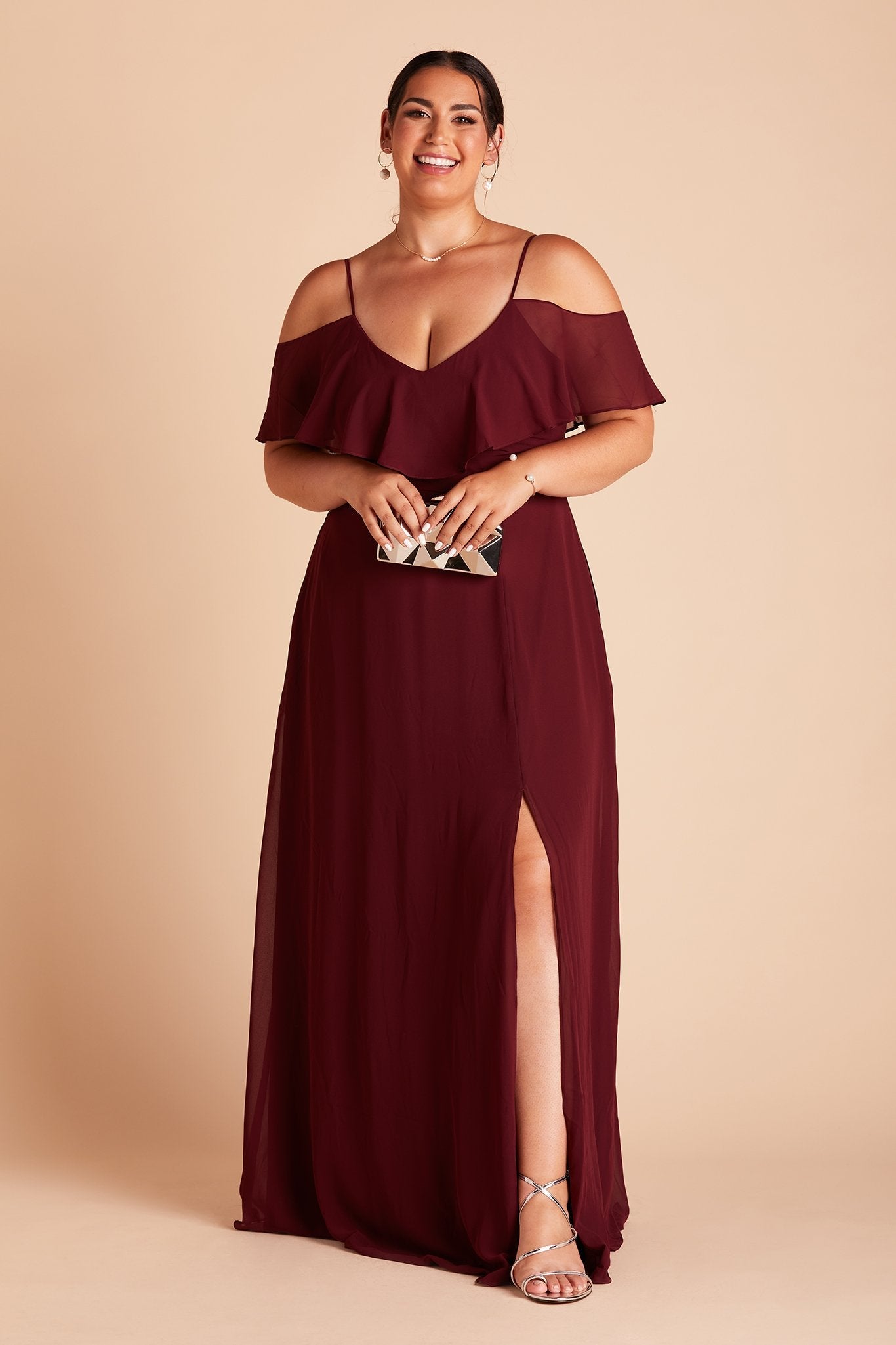 Jane convertible plus size bridesmaid dress with slit in Cabernet Burgundy chiffon by Birdy Grey, front view