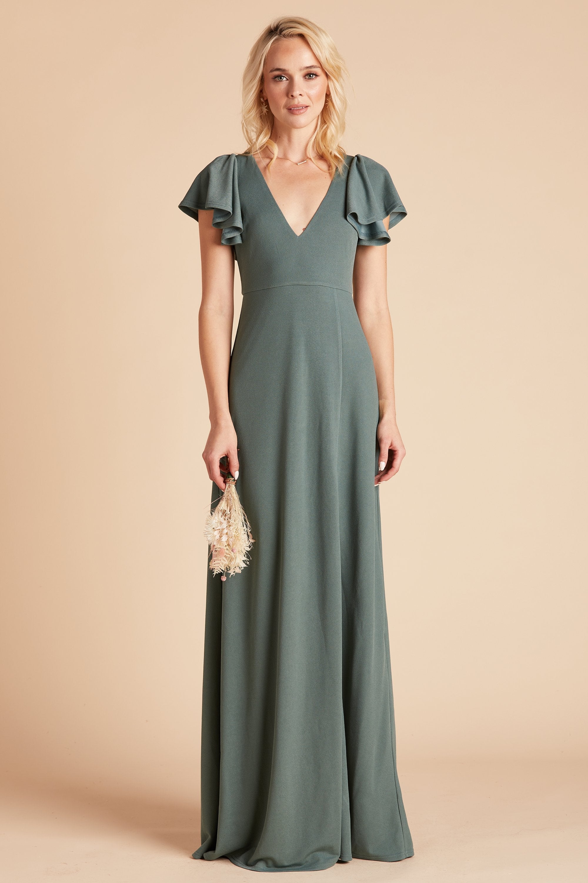 Hannah bridesmaid dress in sea glass crepe by Birdy Grey, front view