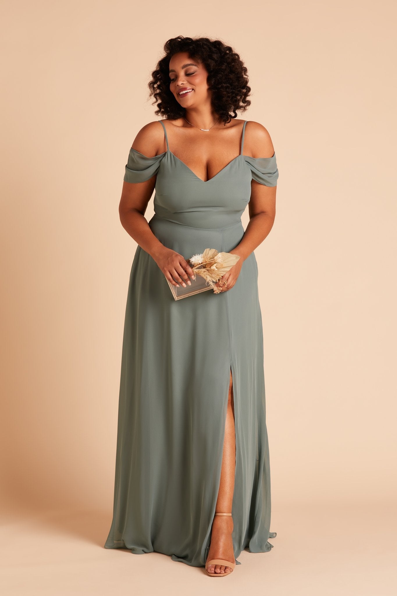 Devin convertible plus size bridesmaids dress with slit in sea glass green chiffon by Birdy Grey, front view