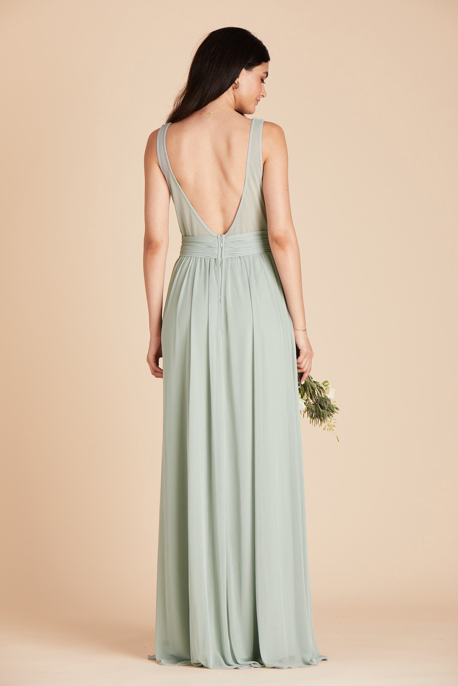 Jan bridesmaid dress in sage green mesh by Birdy Grey, back view