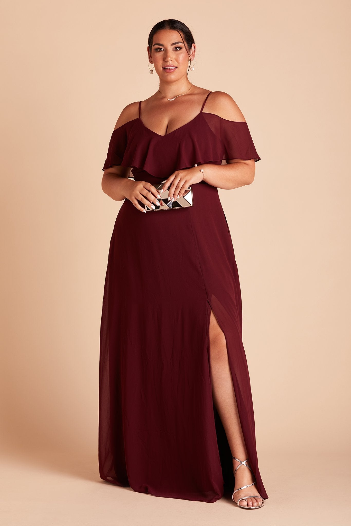 Jane convertible plus size bridesmaid dress with slit in Cabernet Burgundy chiffon by Birdy Grey, front view