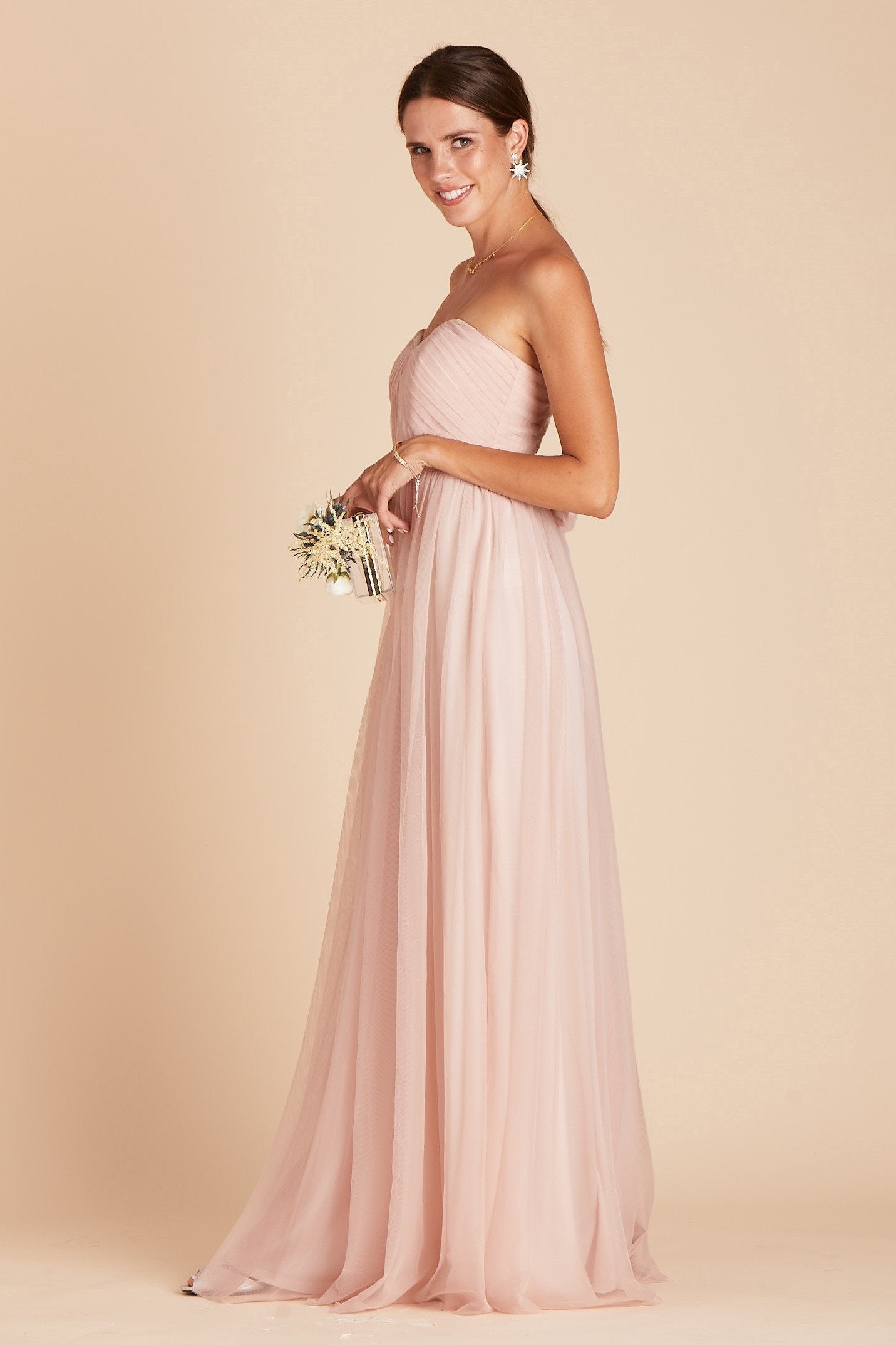 Christina convertible bridesmaid dress in vintage blush tulle by Birdy Grey, side view