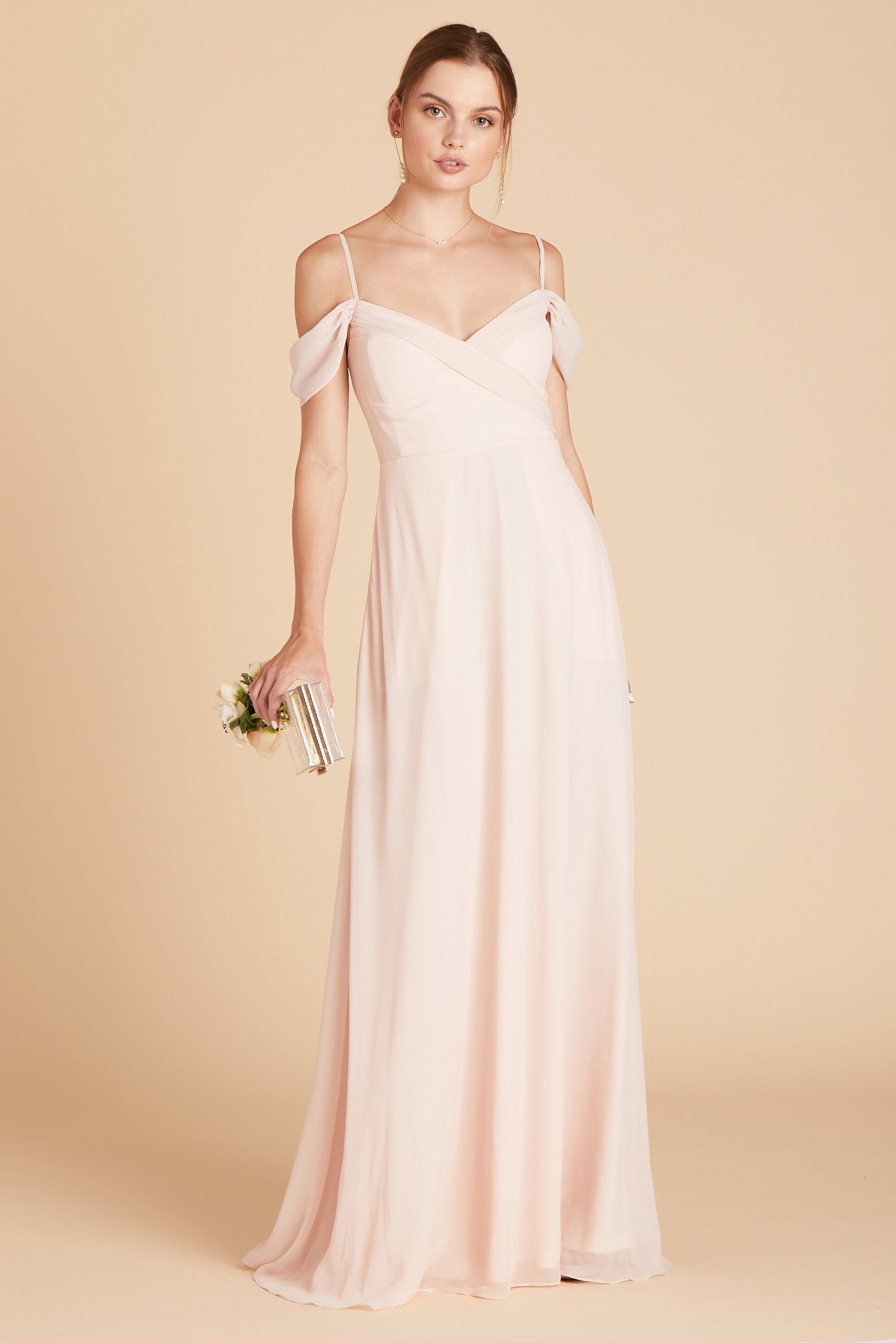 Spence convertible bridesmaid dress in pale blush chiffon by Birdy Grey, front view