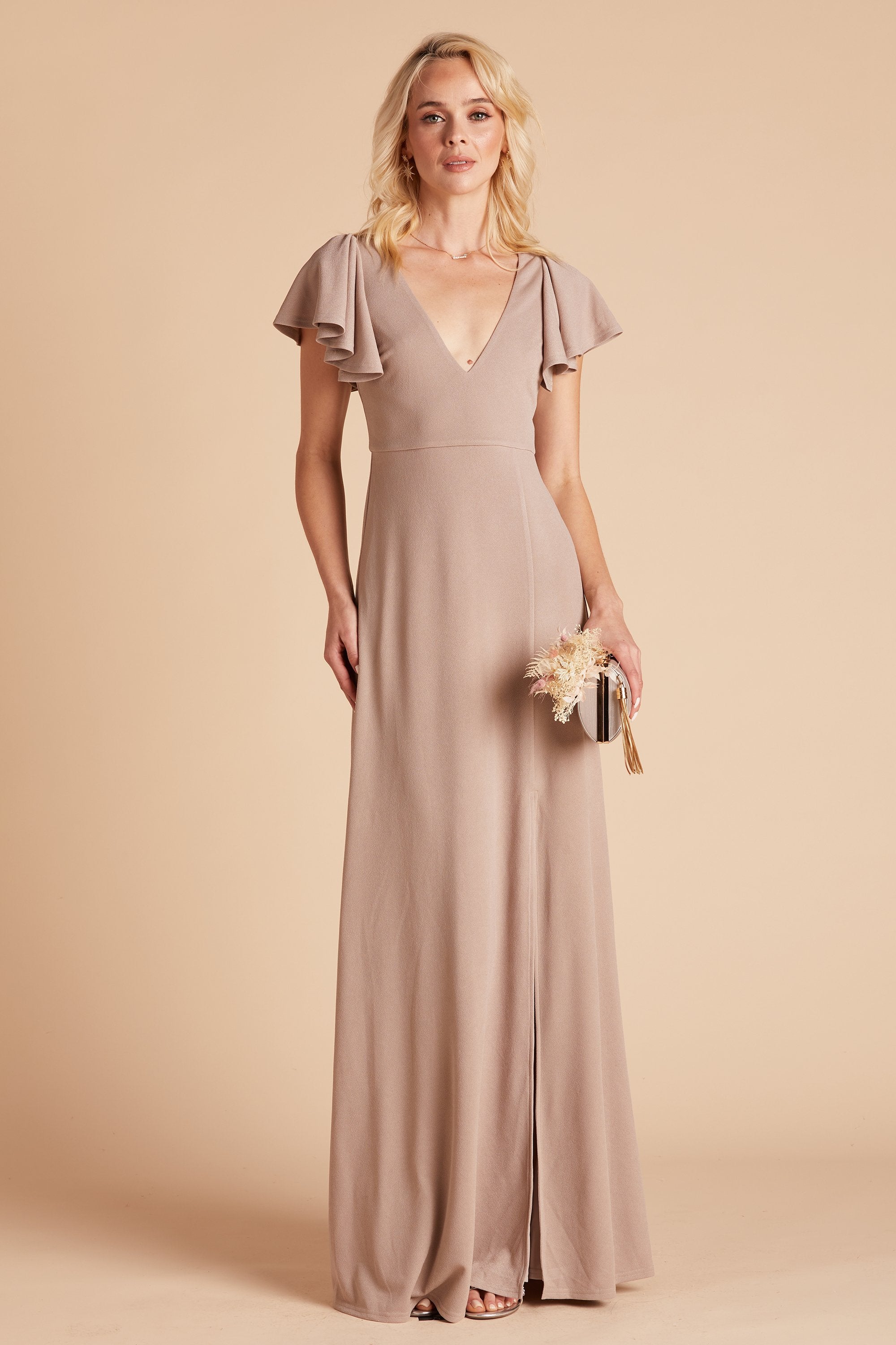 Hannah bridesmaid dress with slit in taupe crepe by Birdy Grey, front view