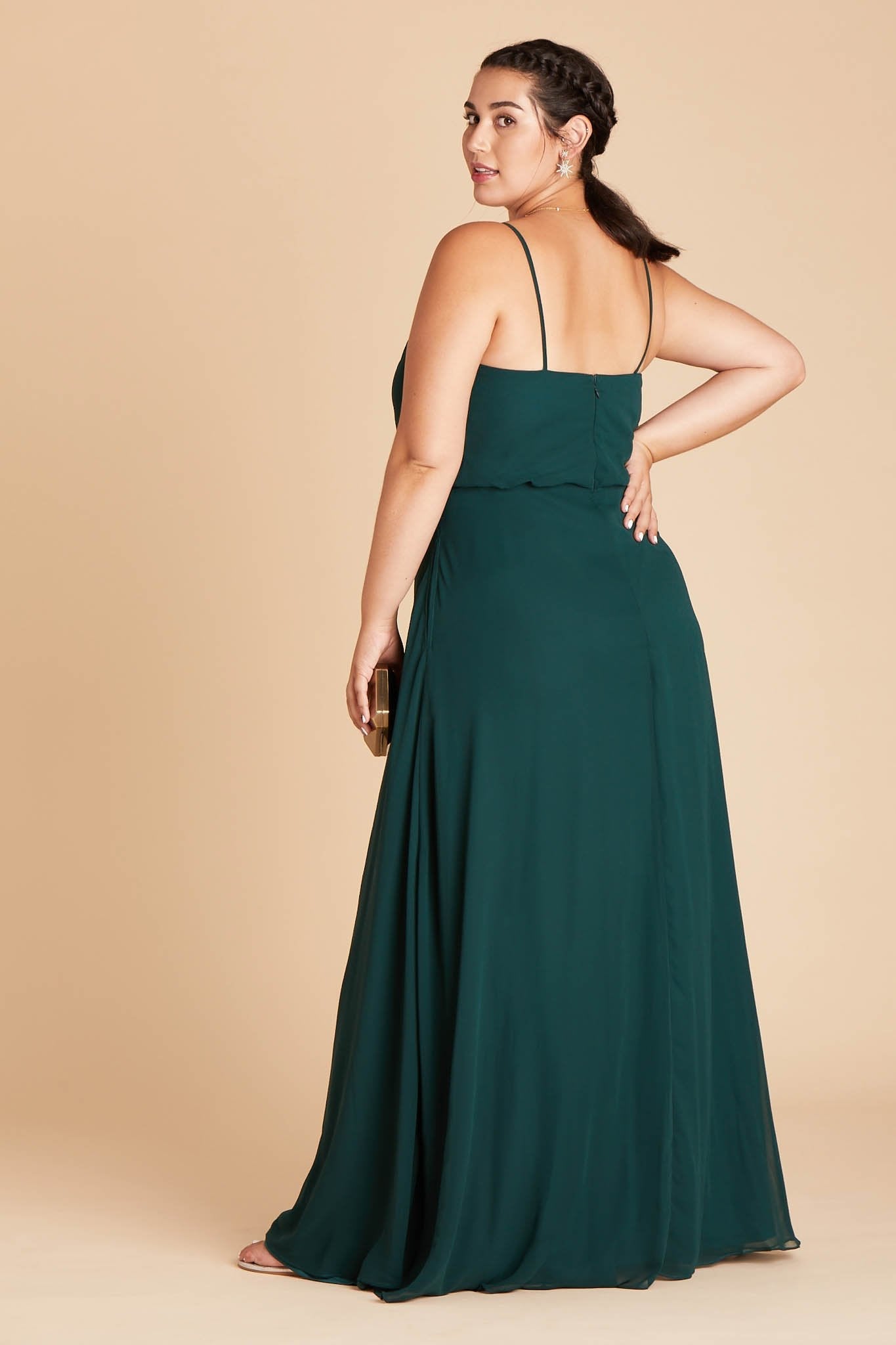 Gwennie plus size bridesmaid dress in emerald green chiffon by Birdy Grey, side view