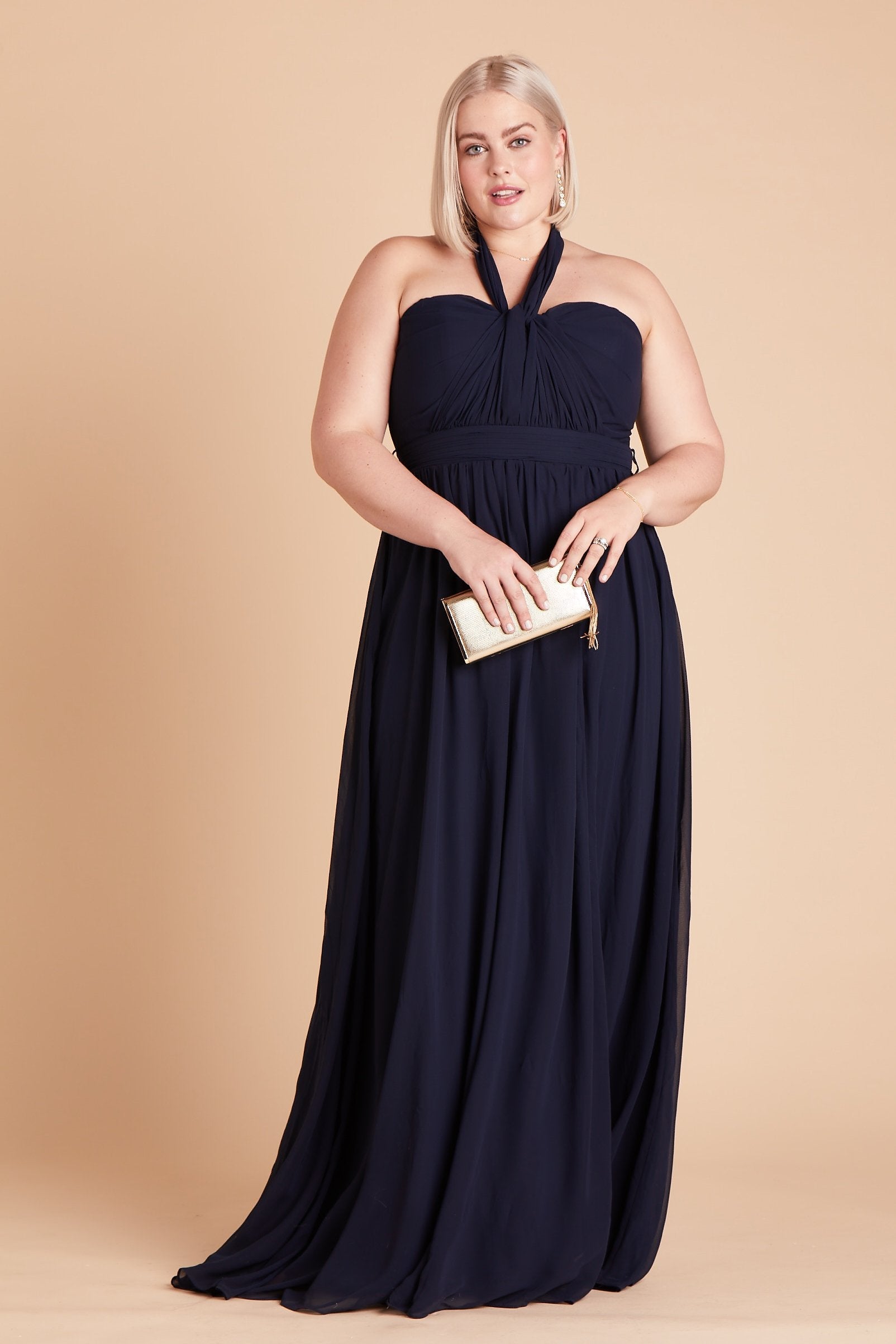 Grace convertible plus size bridesmaid dress in navy blue chiffon by Birdy Grey, front view