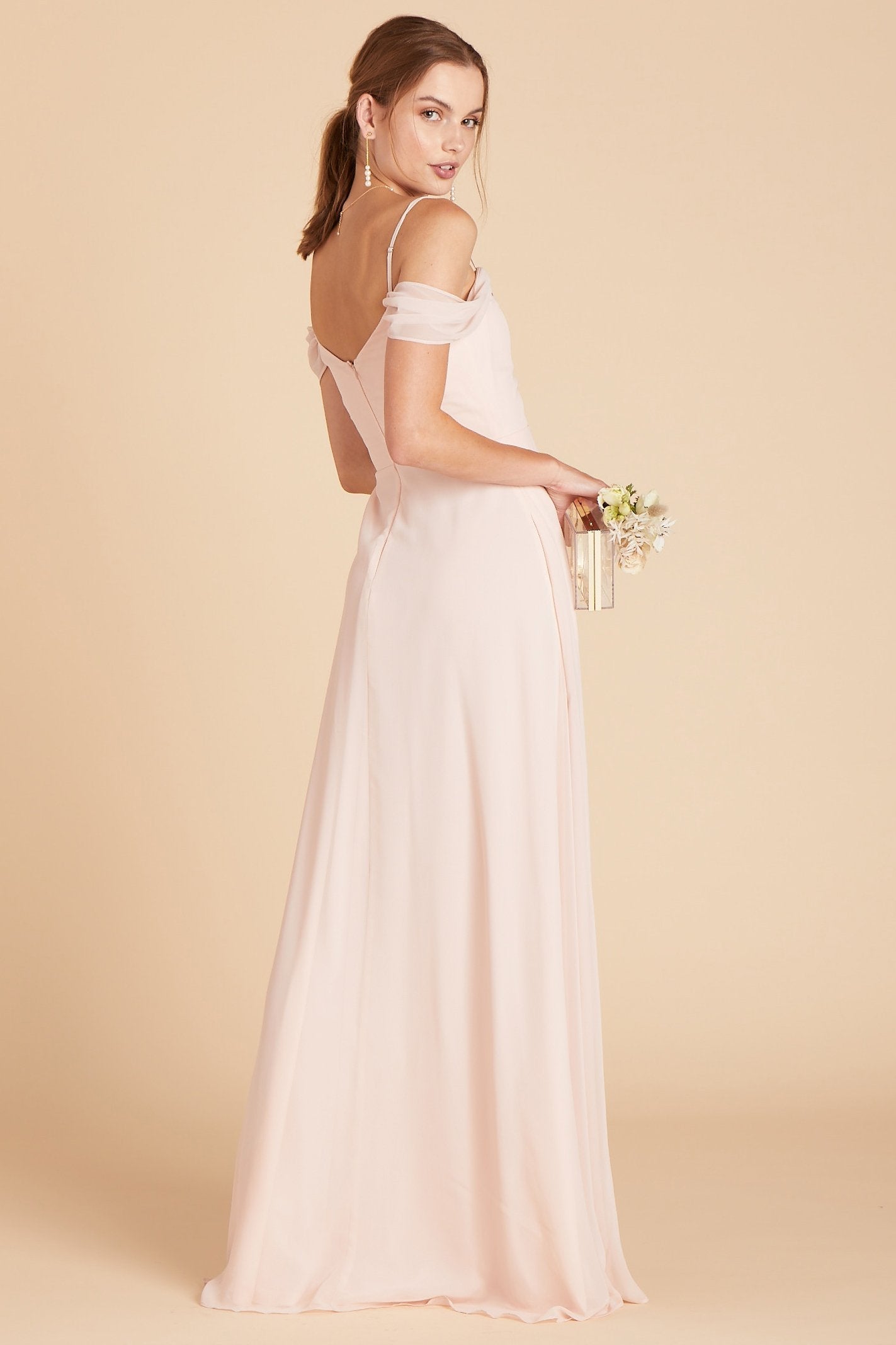 Spence convertible bridesmaid dress in pale blush chiffon by Birdy Grey, side view