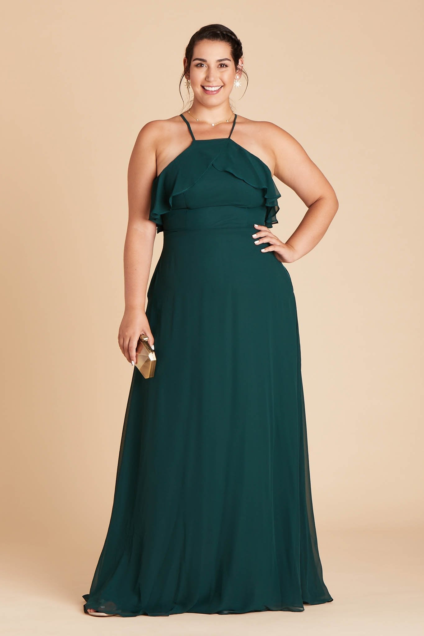 Jules convertible plus size bridesmaid dress in emerald green chiffon by Birdy Grey, front view