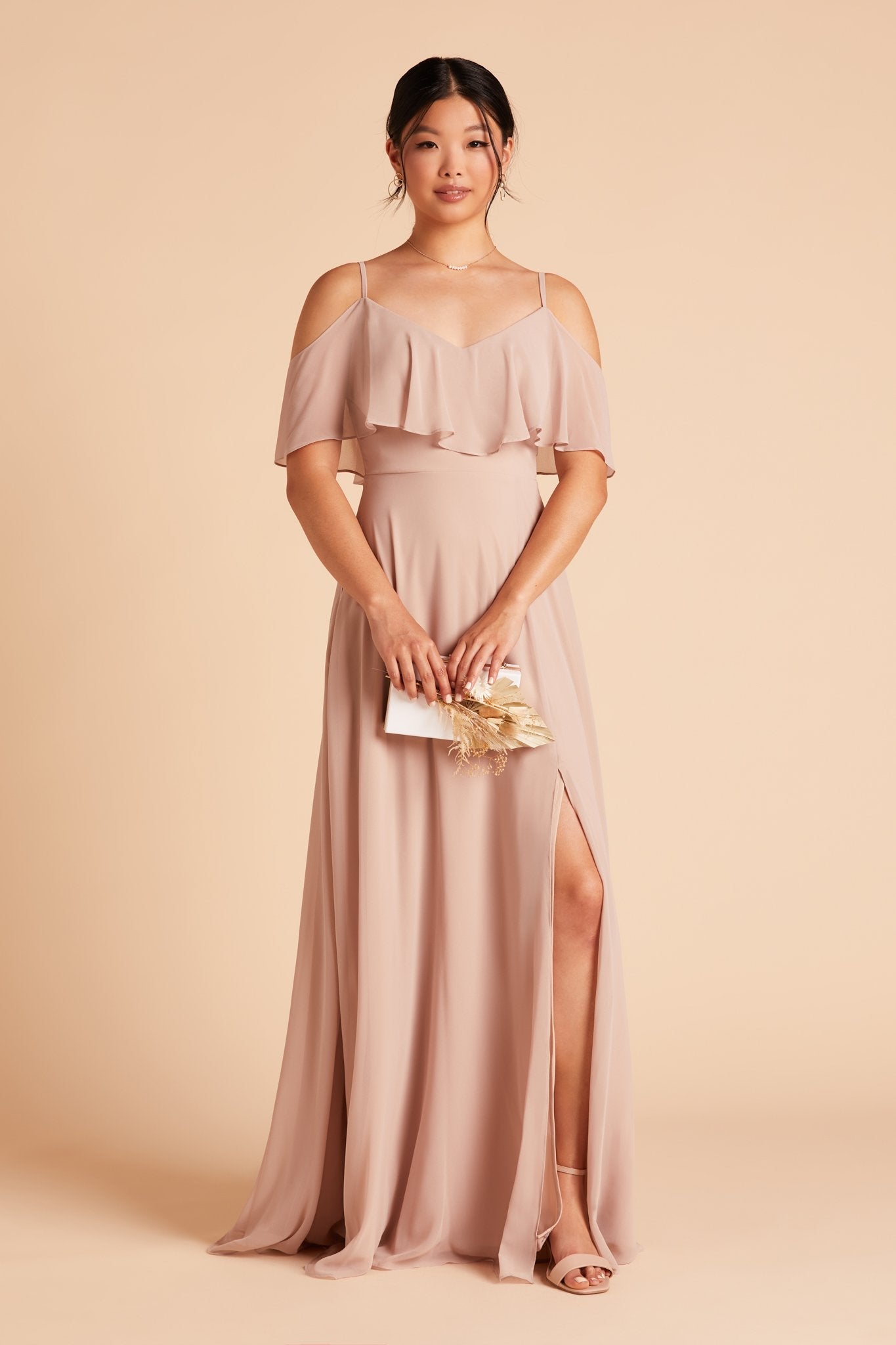 Jane convertible bridesmaid dress with slit in taupe chiffon by Birdy Grey, front view