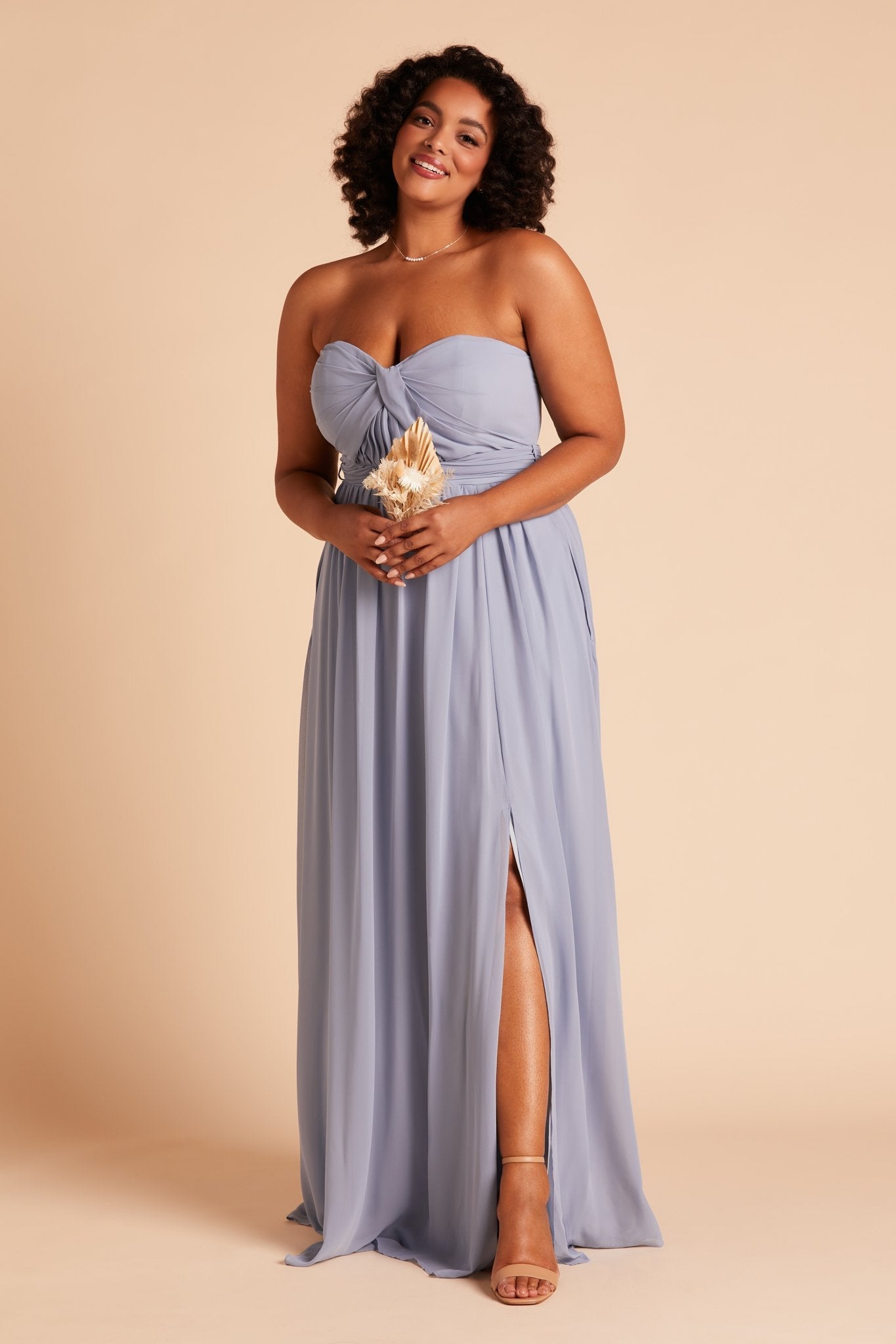 Grace convertible plus size bridesmaid dress with slit in dusty blue chiffon by Birdy Grey, front view