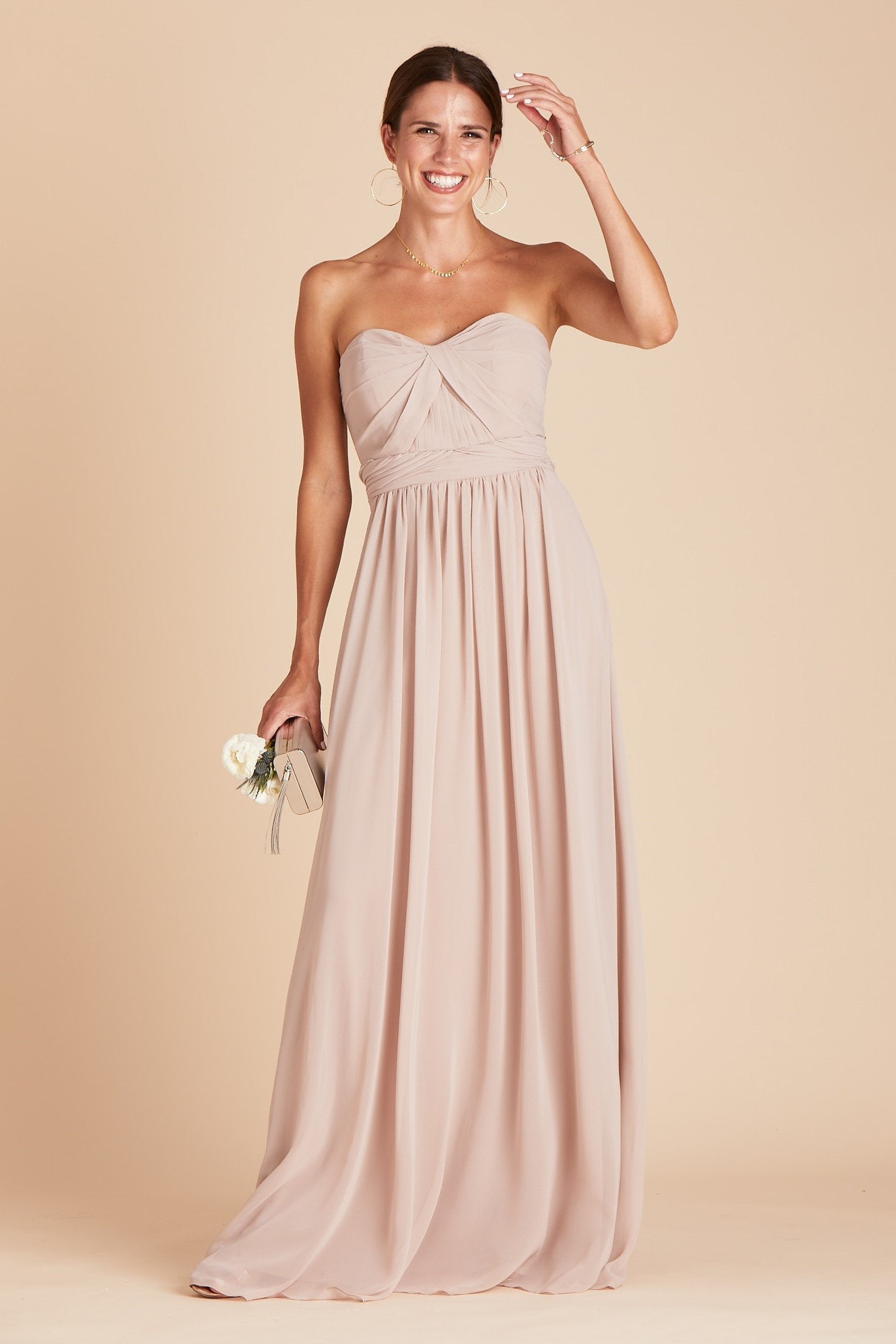 Grace convertible bridesmaid dress in taupe chiffon by Birdy Grey, front view