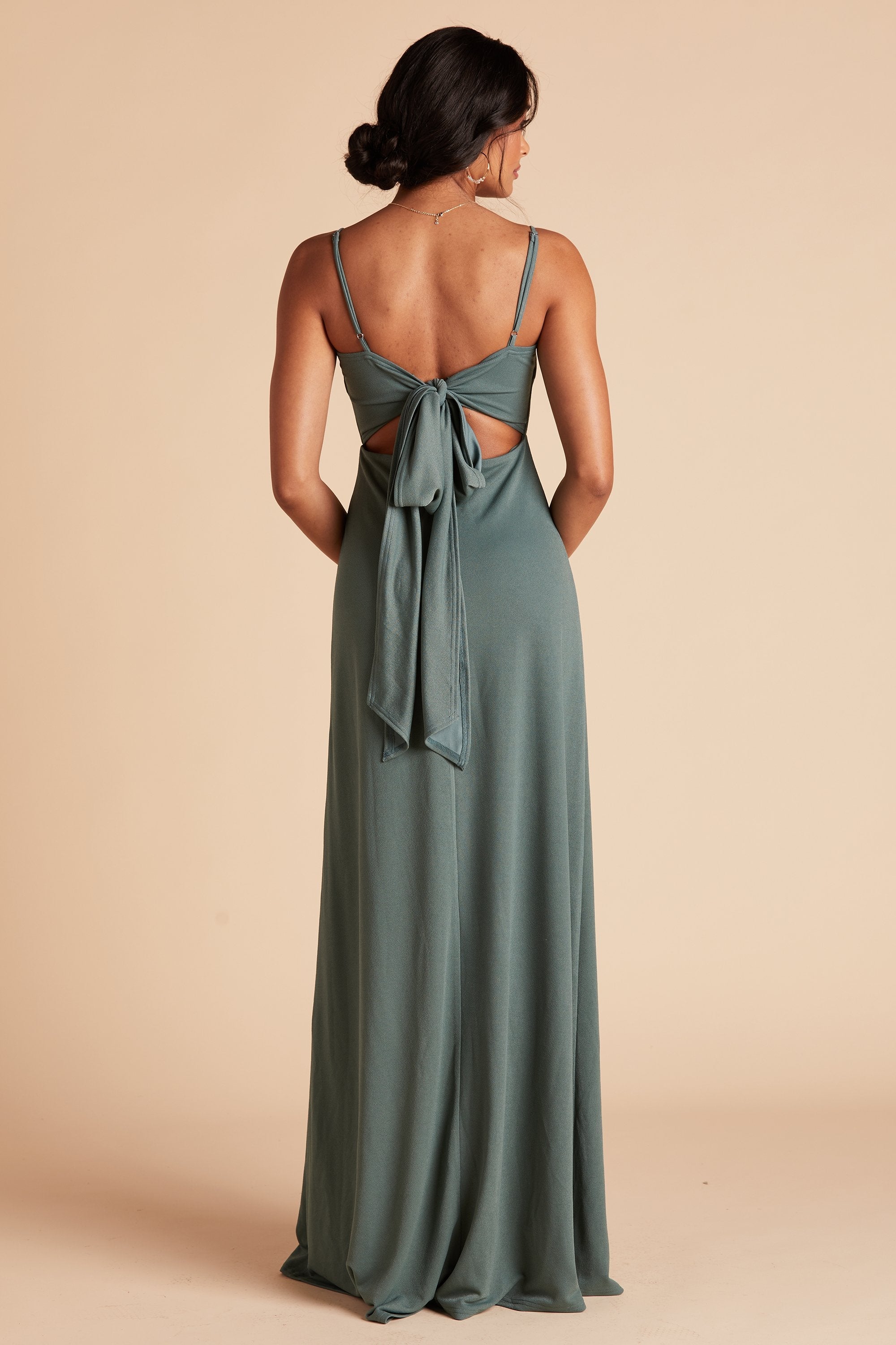 Benny bridesmaid dress in sea glass green crepe by Birdy Grey, back view