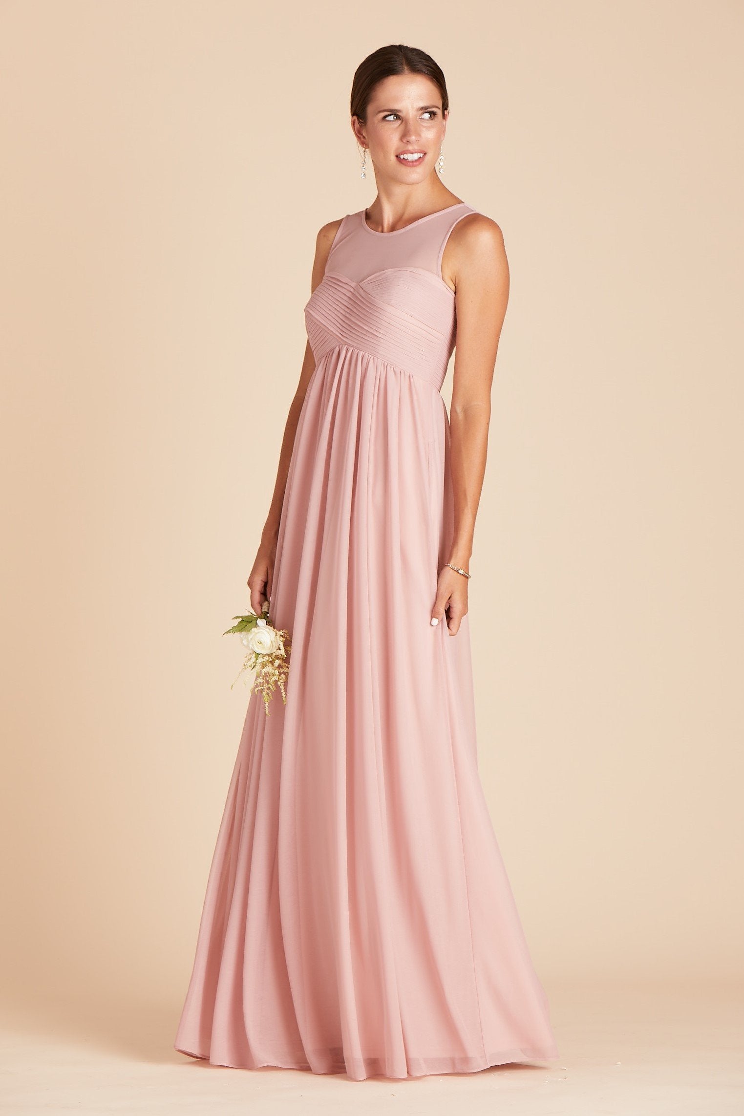 Ryan bridesmaid dress in dusty rose pink chiffon by Birdy Grey, front view