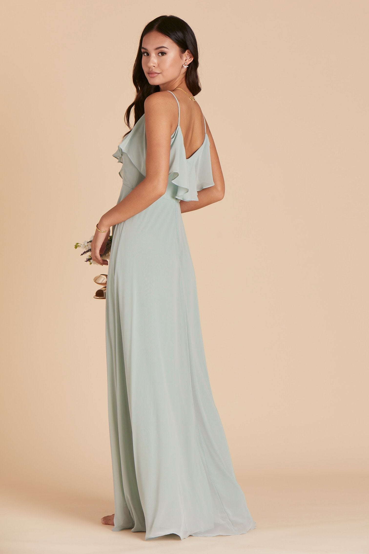 Jane convertible bridesmaid dress in sage green chiffon by Birdy Grey, side view