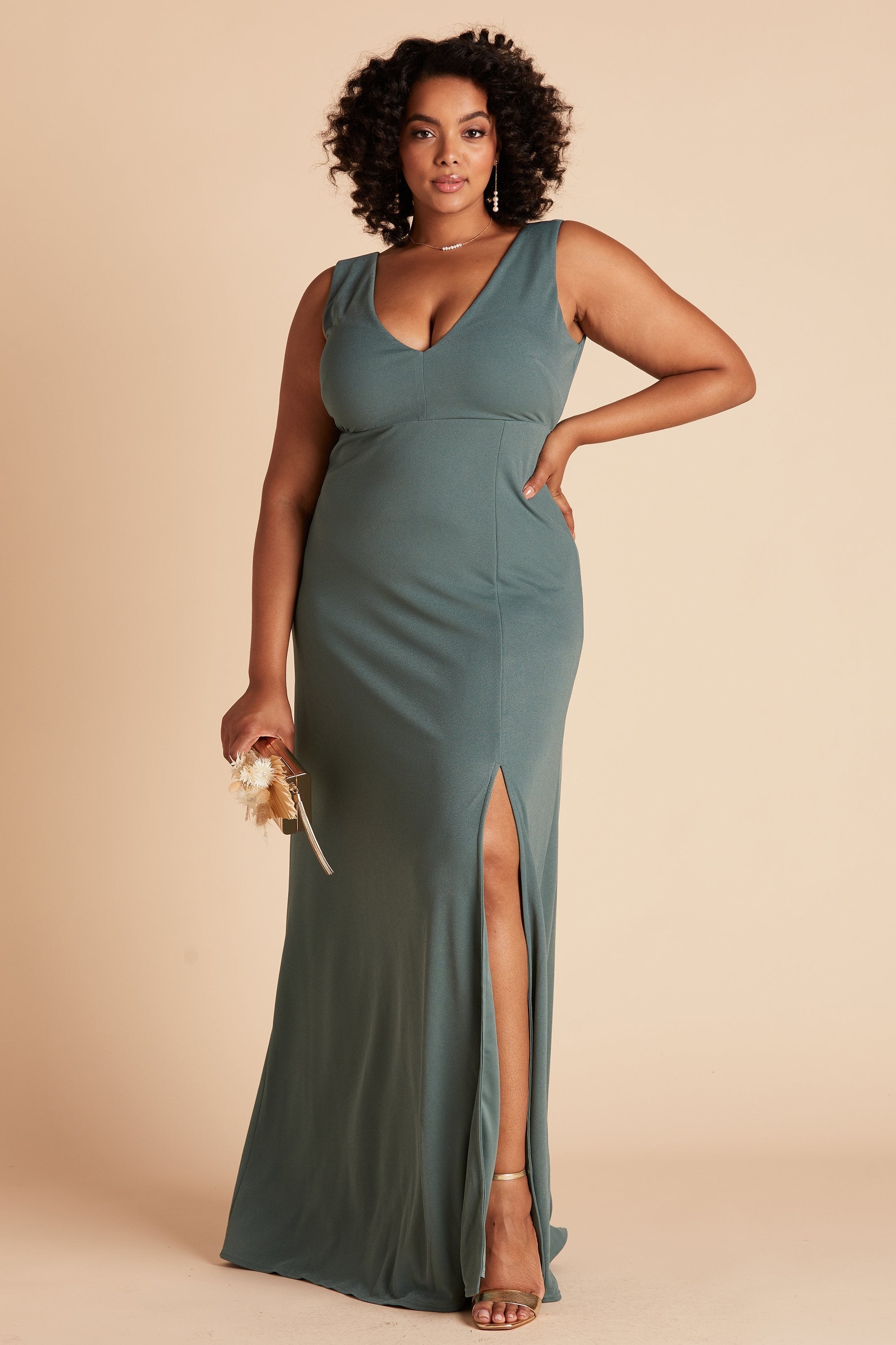 Shamin plus size bridesmaid dress with slit in sea glass green chiffon by Birdy Grey, front view