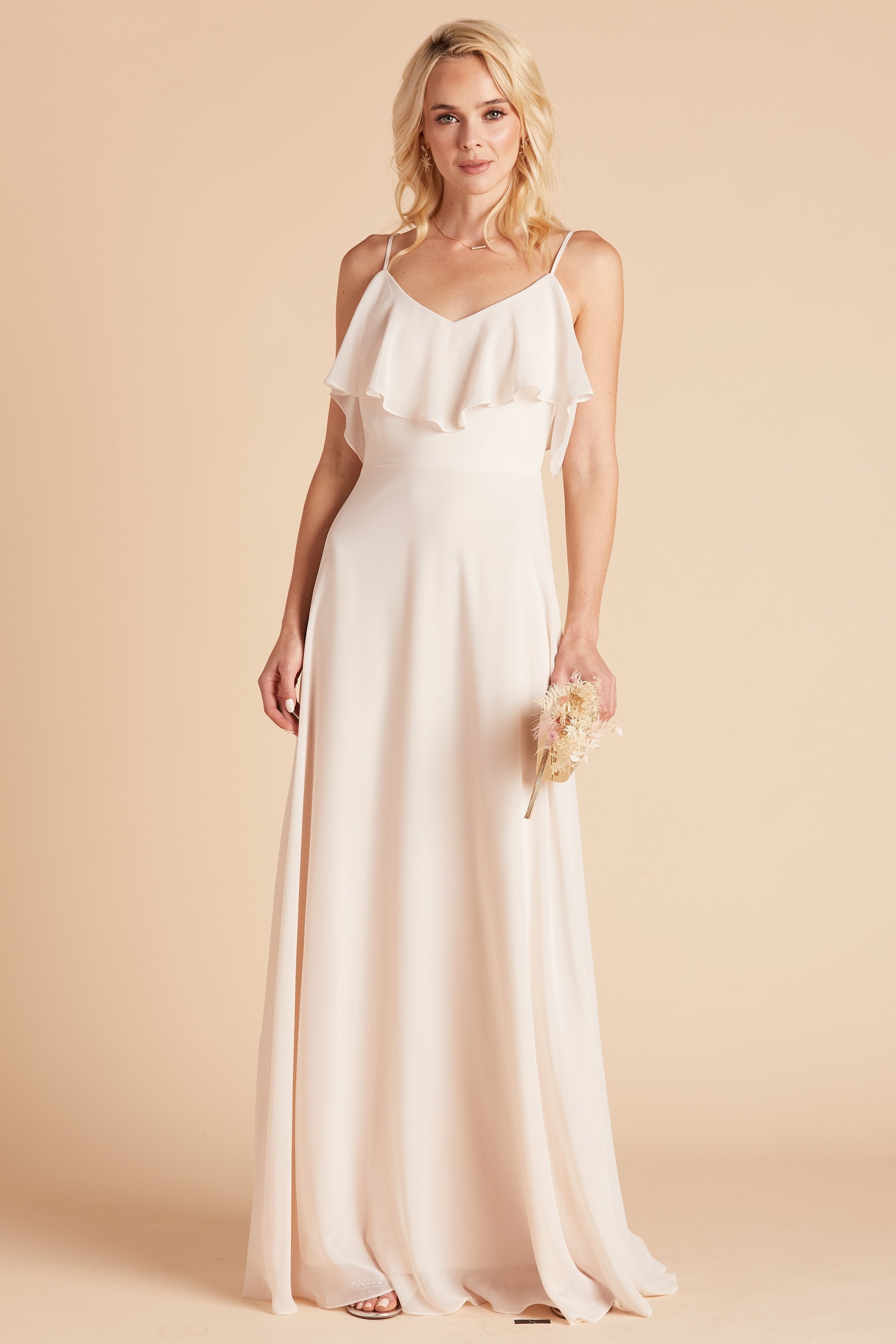 Jane convertible bridesmaid dress in champagn chiffon by Birdy Grey, front view