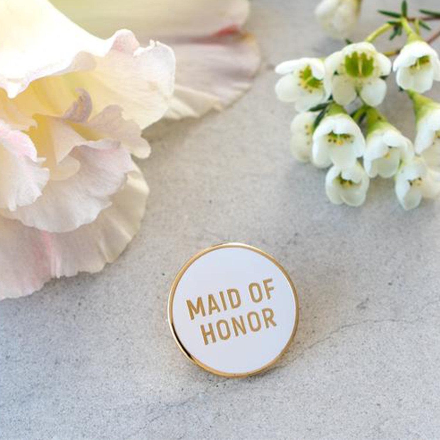 Maid of Honor Enamel Pin in white and gold by Birdy Grey, front view