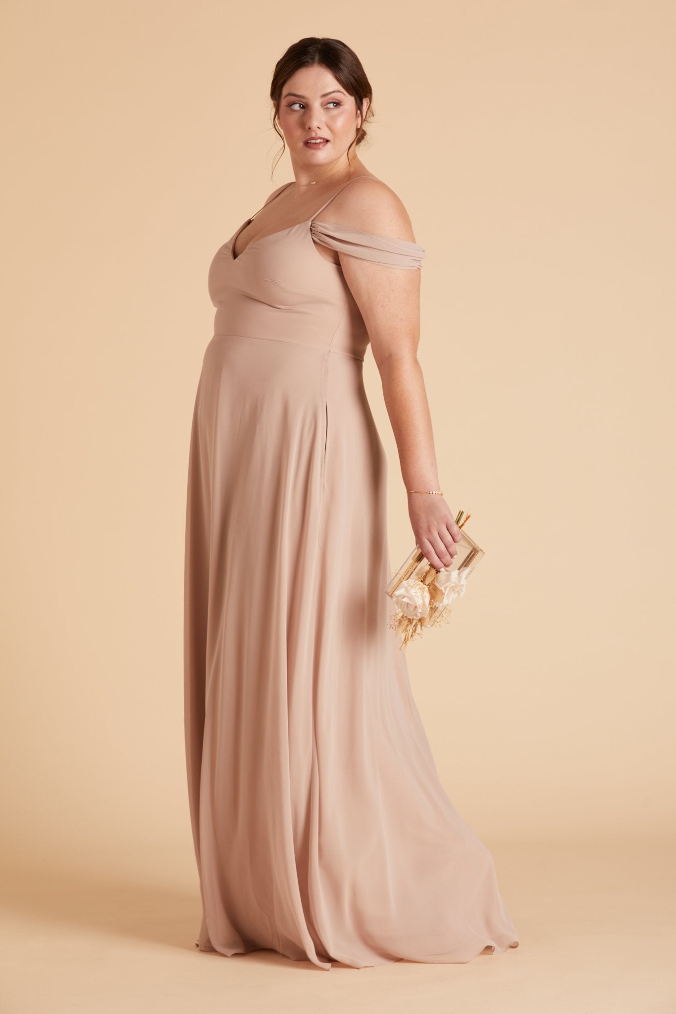 Devin convertible plus size bridesmaids dress in taupe chiffon by Birdy Grey, side view