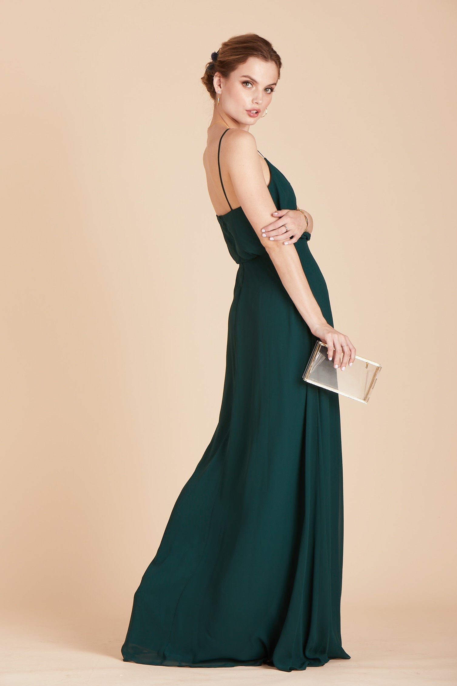 Gwennie bridesmaid dress in emerald green chiffon by Birdy Grey, side view