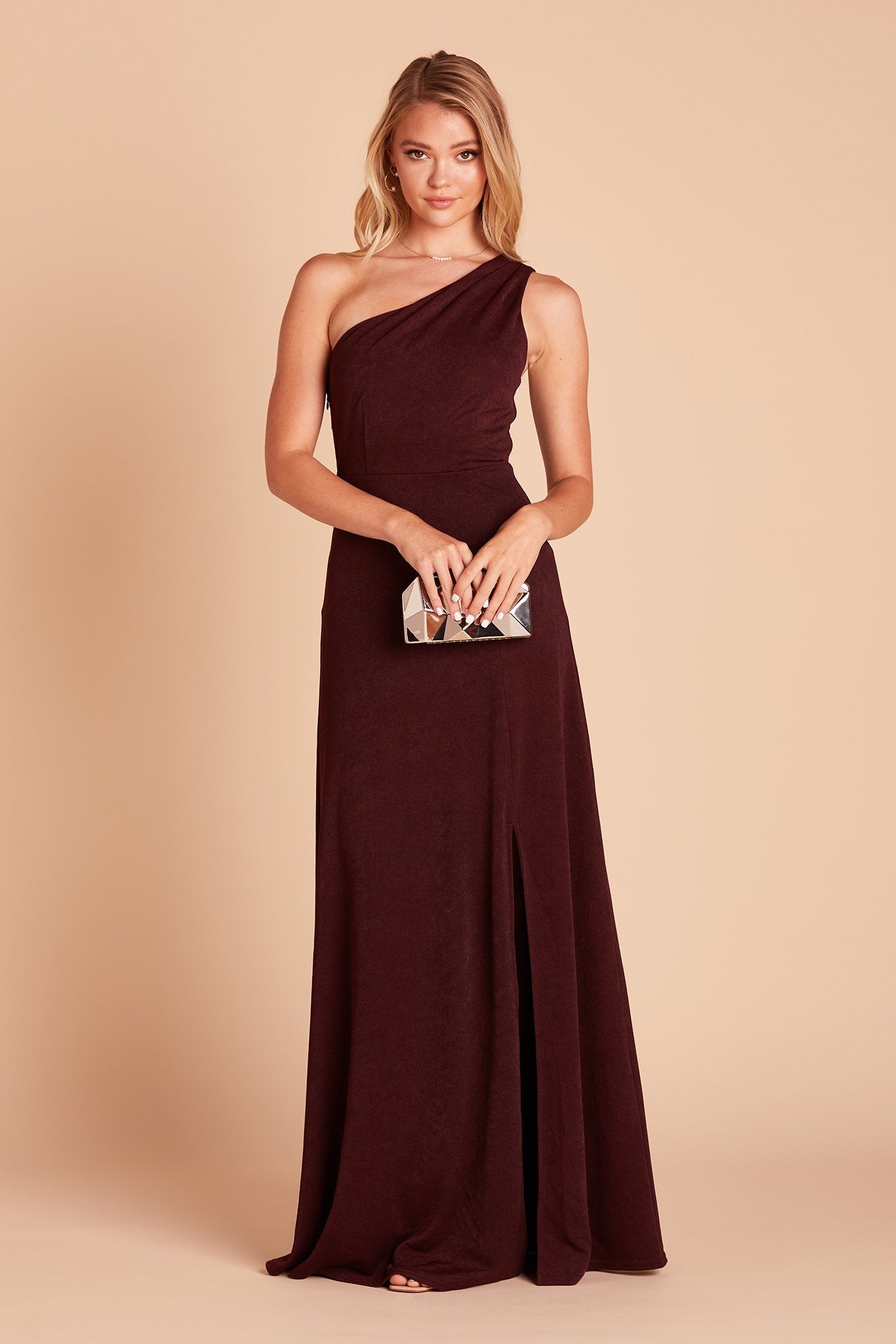 Kira bridesmaid dress with slit in cabernet burgundy crepe by Birdy Grey, front view