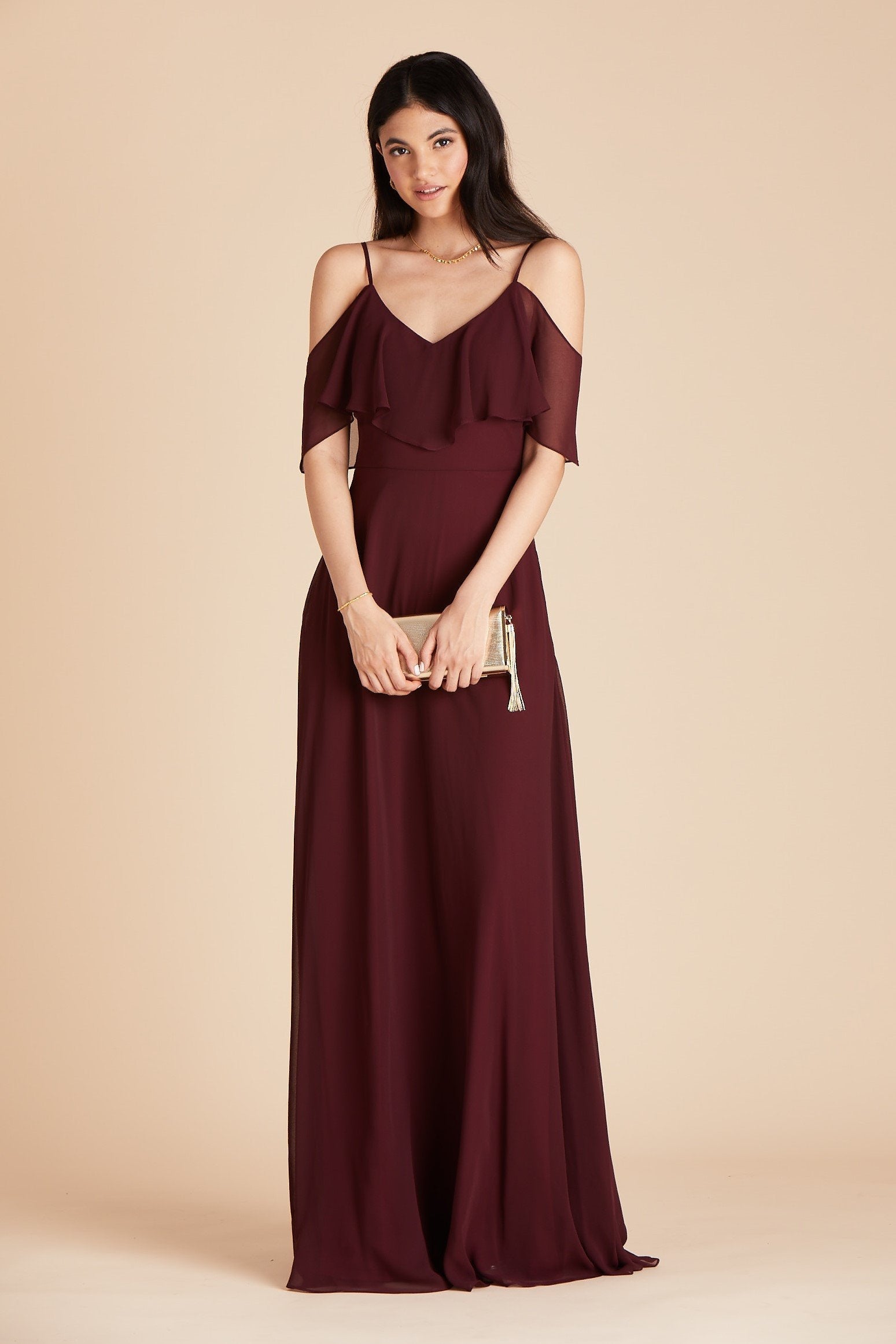 Jane convertible bridesmaid dress with slit in cabernet burgundy chiffon by Birdy Grey, front view