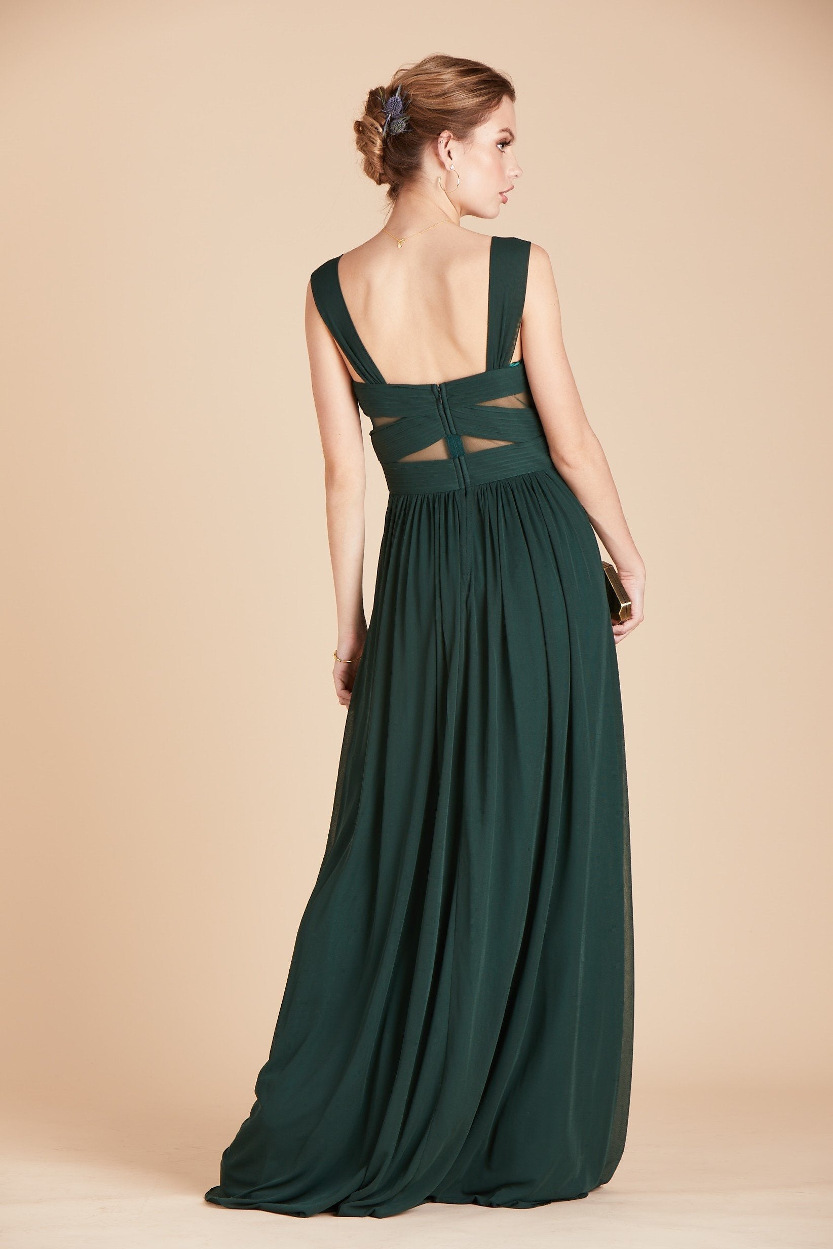 Elsye bridesmaid dress in emerald green chiffon by Birdy Grey, back view