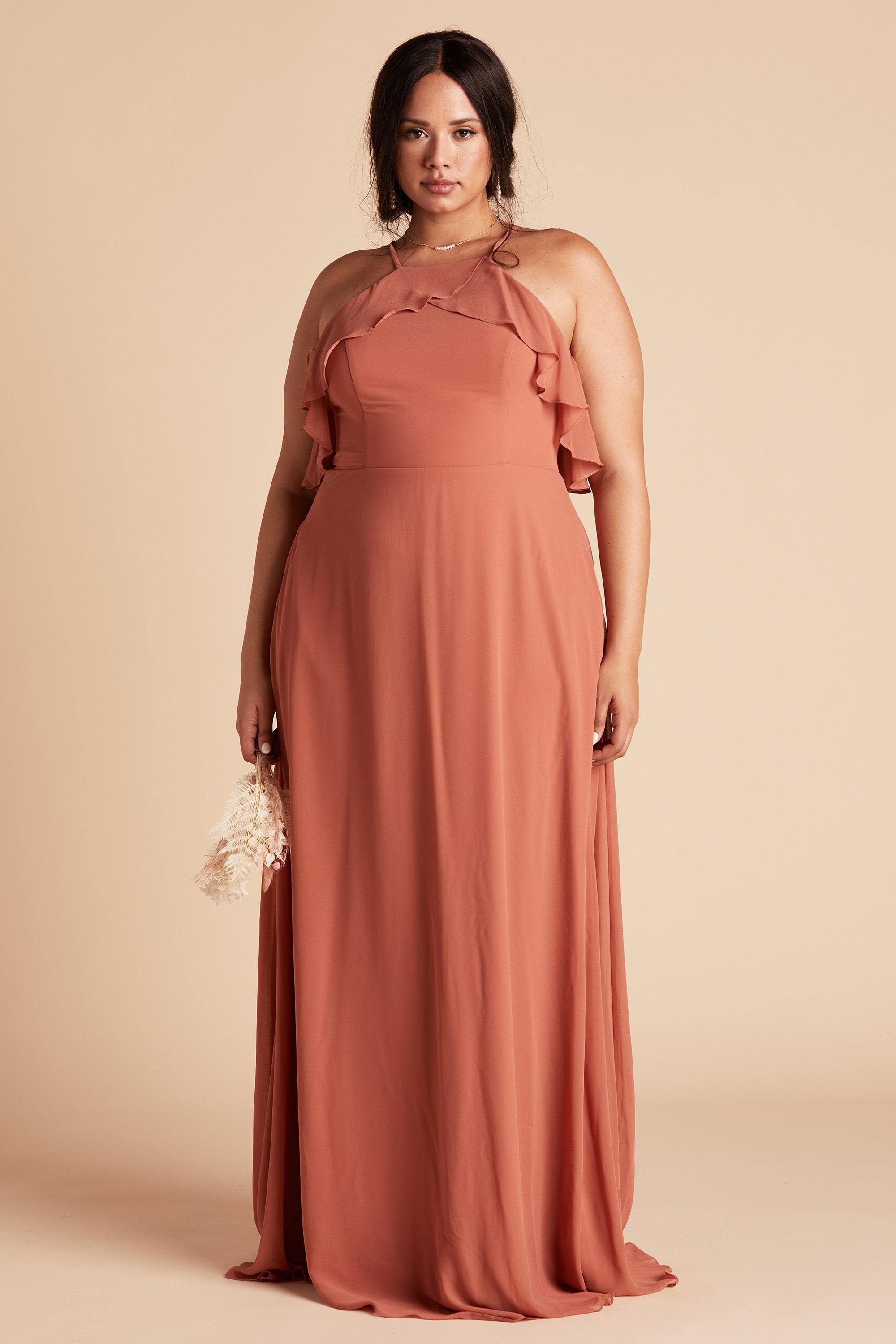 Jules plus size bridesmaid dress in terracotta orange chiffon by Birdy Grey, front view