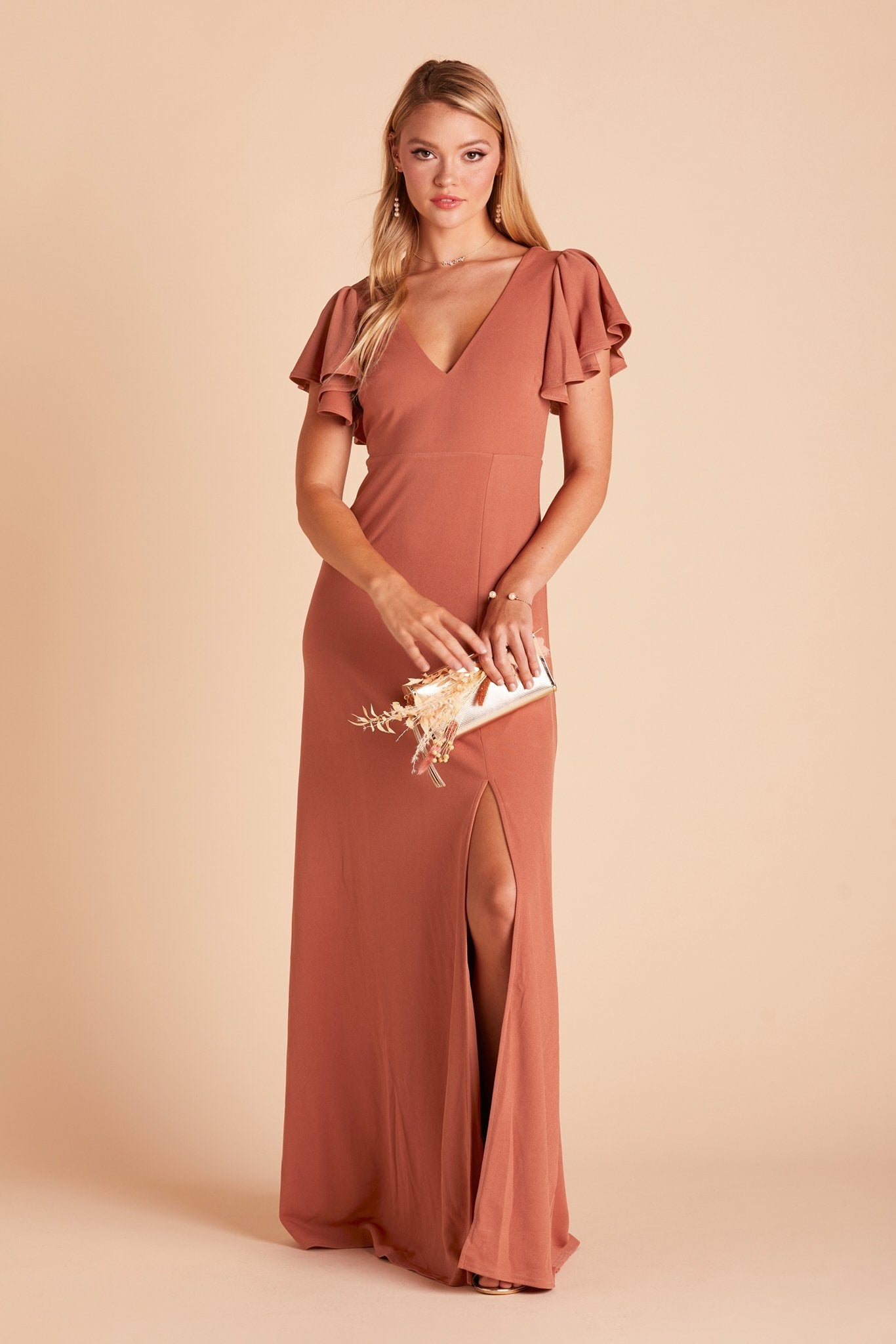 Hannah bridesmaid dress with slit in terracotta crepe by Birdy Grey, front view