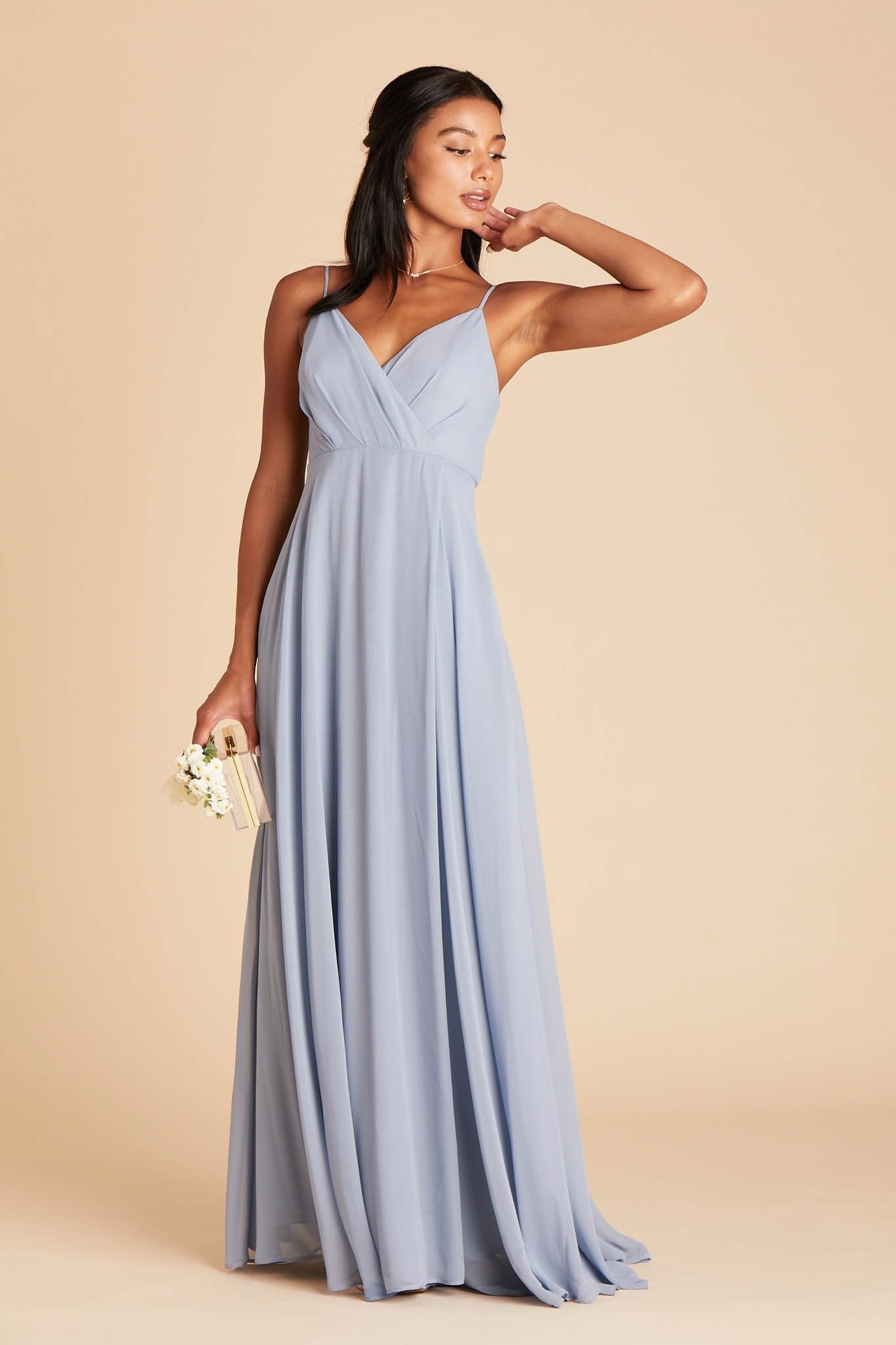 Kaia bridesmaids dress in dusty blue chiffon by Birdy Grey, front view