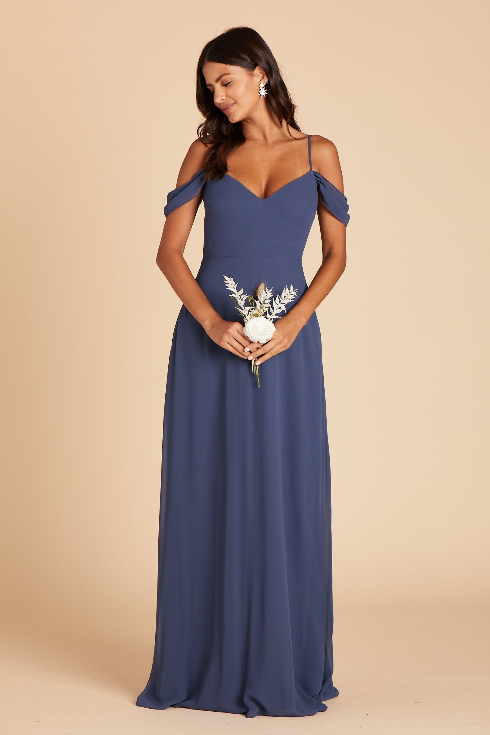 Devin convertible bridesmaids dress in slate blue chiffon by Birdy Grey, front view