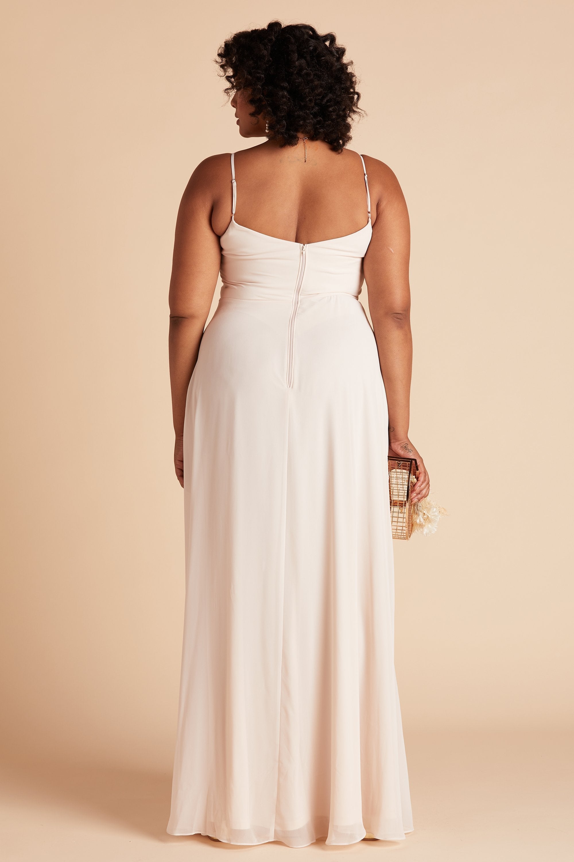 Devin convertible plus size bridesmaids dress in champagne chiffon by Birdy Grey, back view