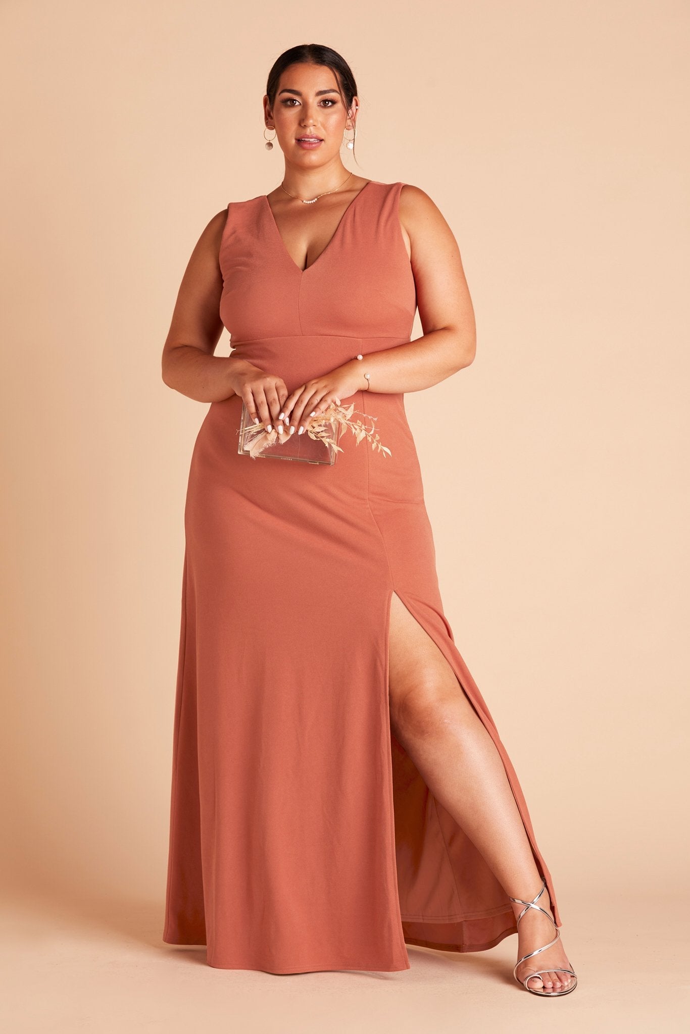 Shamin plus size bridesmaid dress with slit in terracotta crepe by Birdy Grey, front view