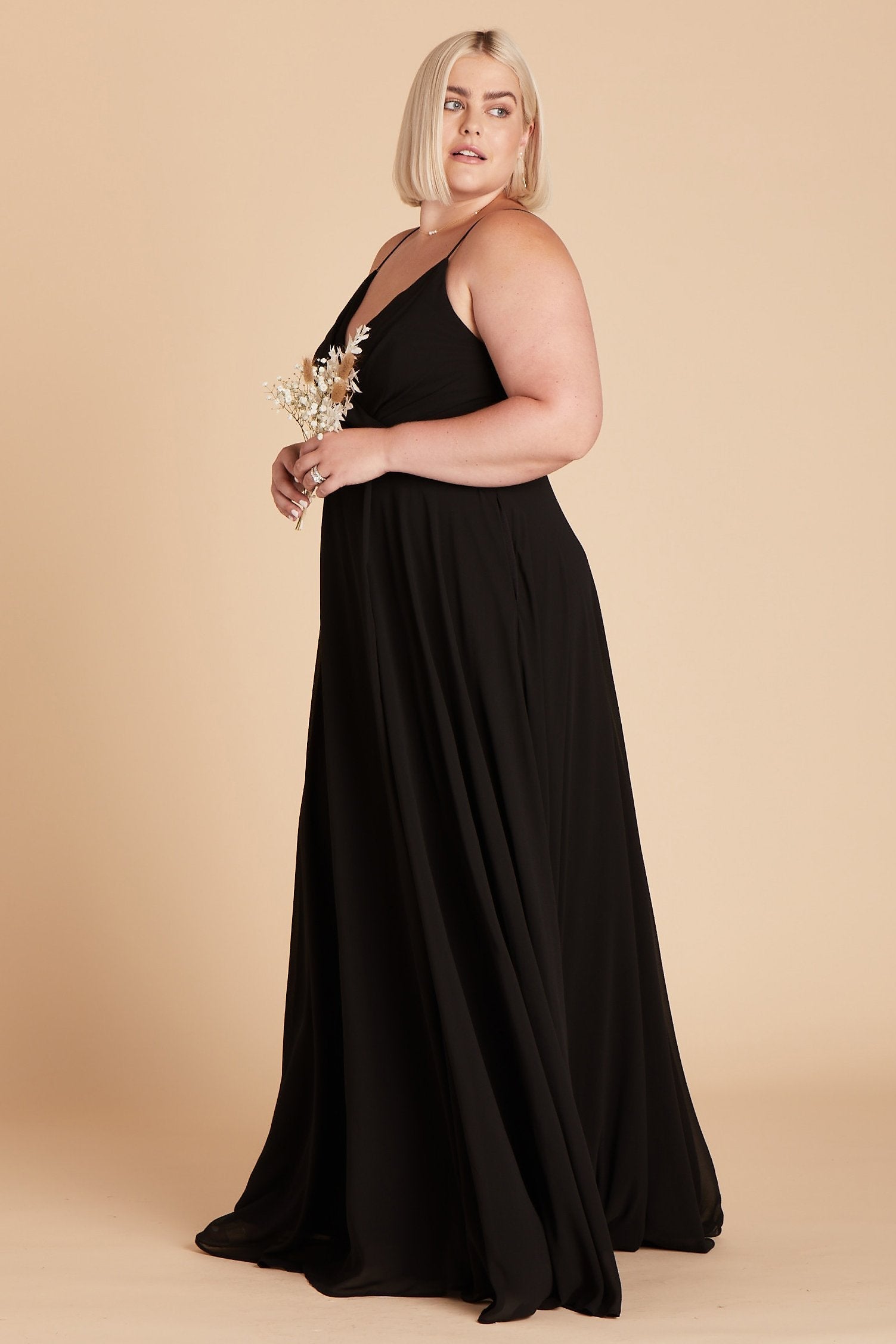 Kaia plus size bridesmaids dress in black chiffon by Birdy Grey, side view