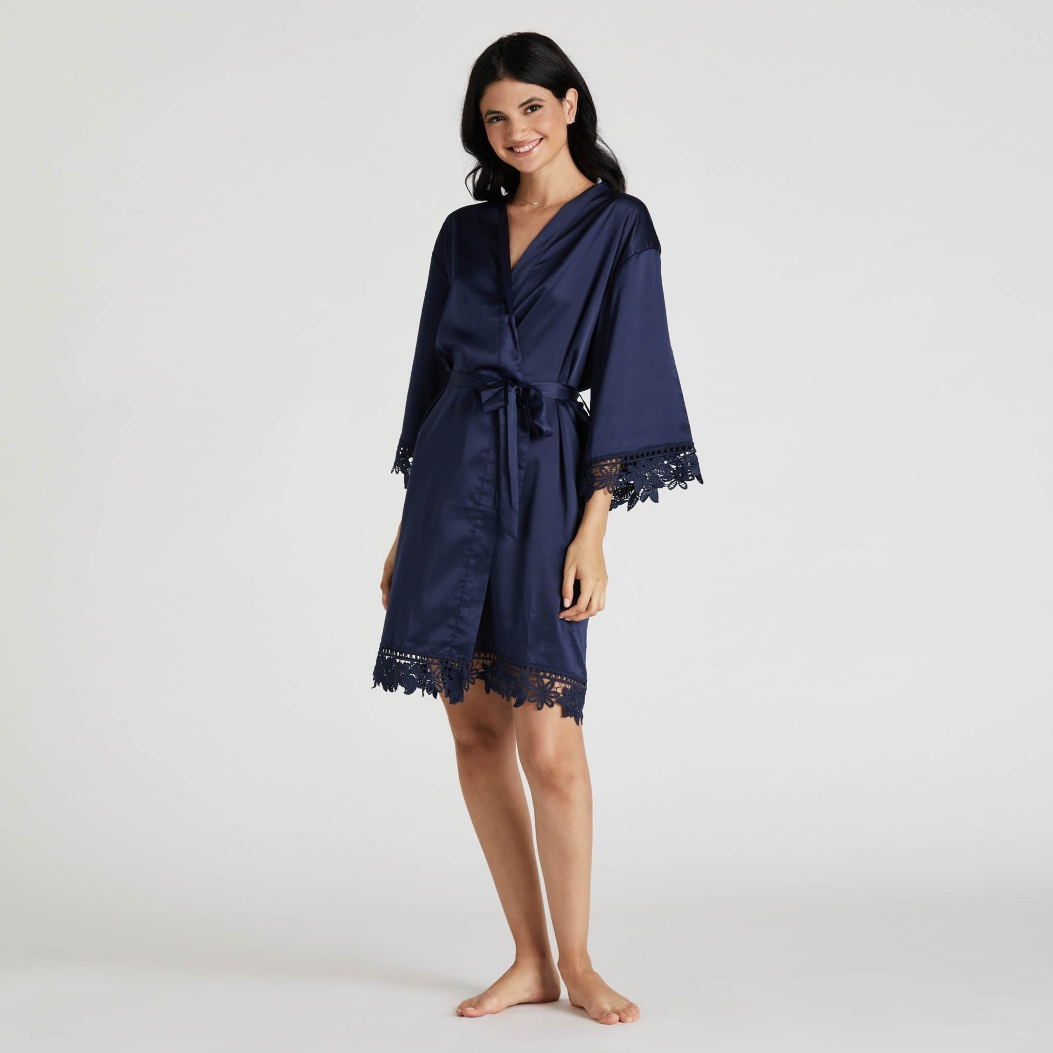 Satin Lace Robe in navy blue by Birdy Grey, side view