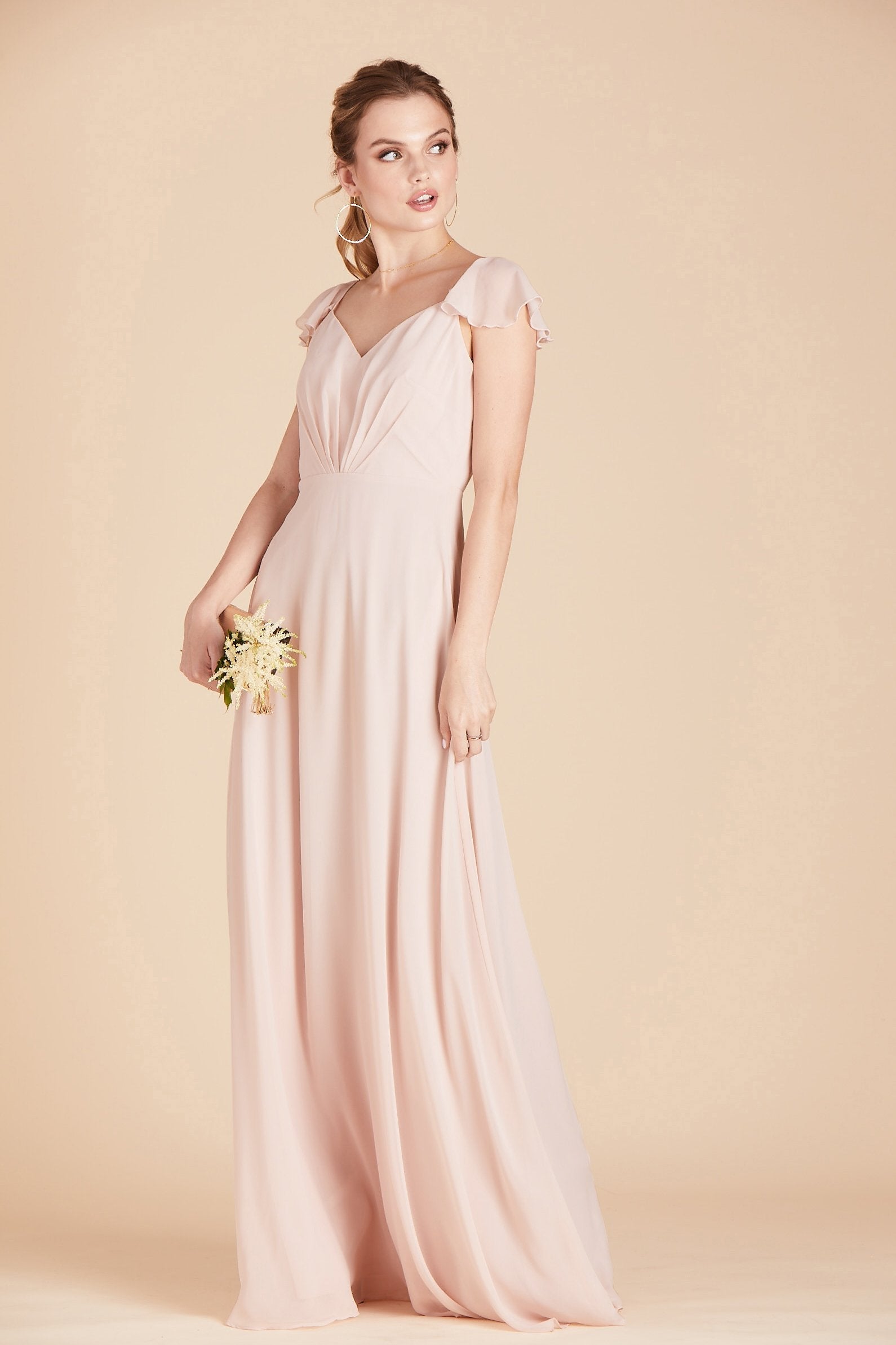 Kae bridesmaids dress in pale blush pink chiffon by Birdy Grey, front view