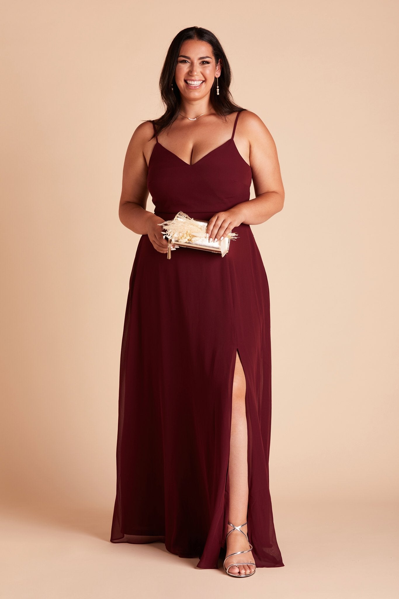 Devin convertible plus size bridesmaid dress with slit in cabernet burgundy chiffon by Birdy Grey, front view