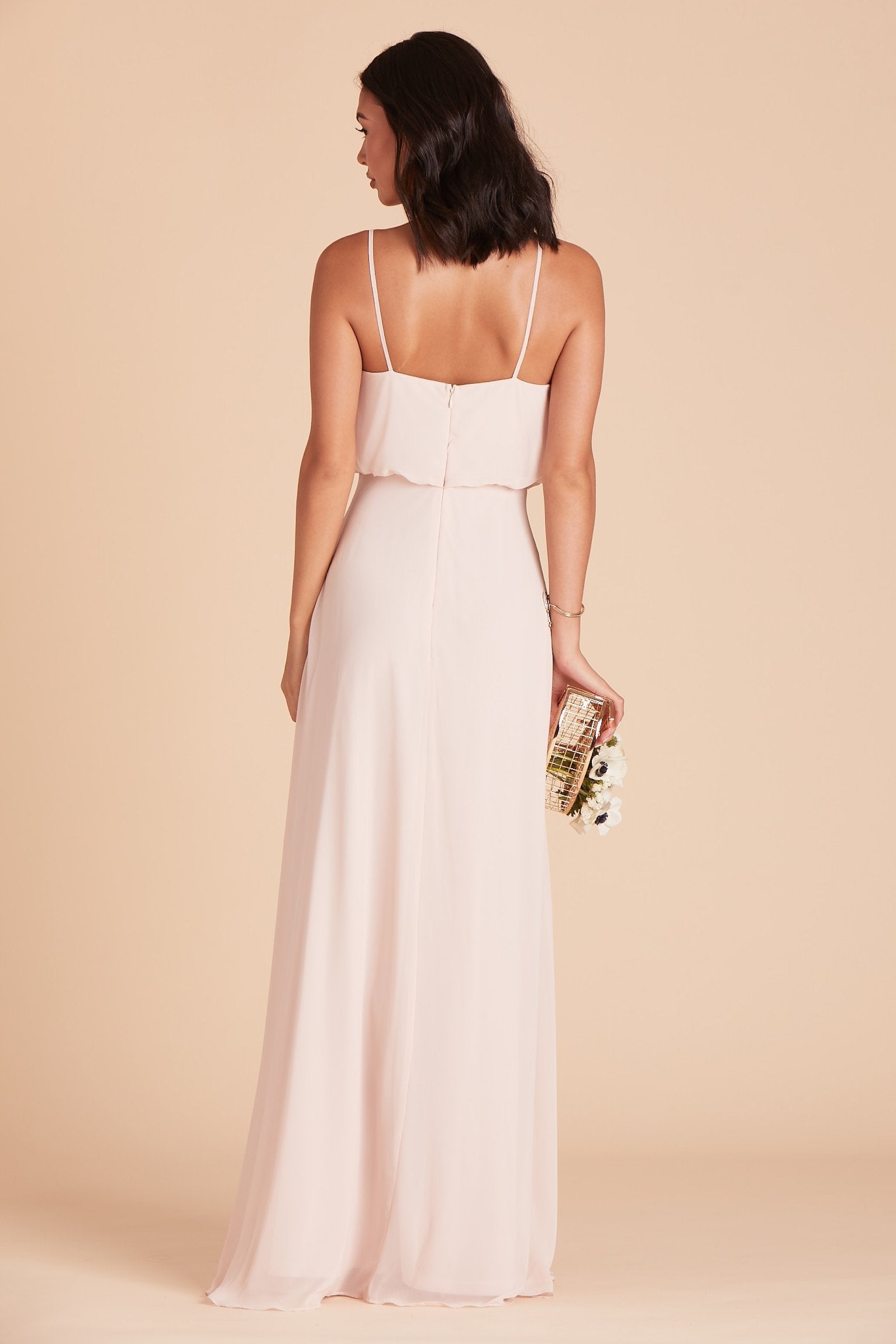 Gwennie bridesmaid dress in pale blush chiffon by Birdy Grey, back view