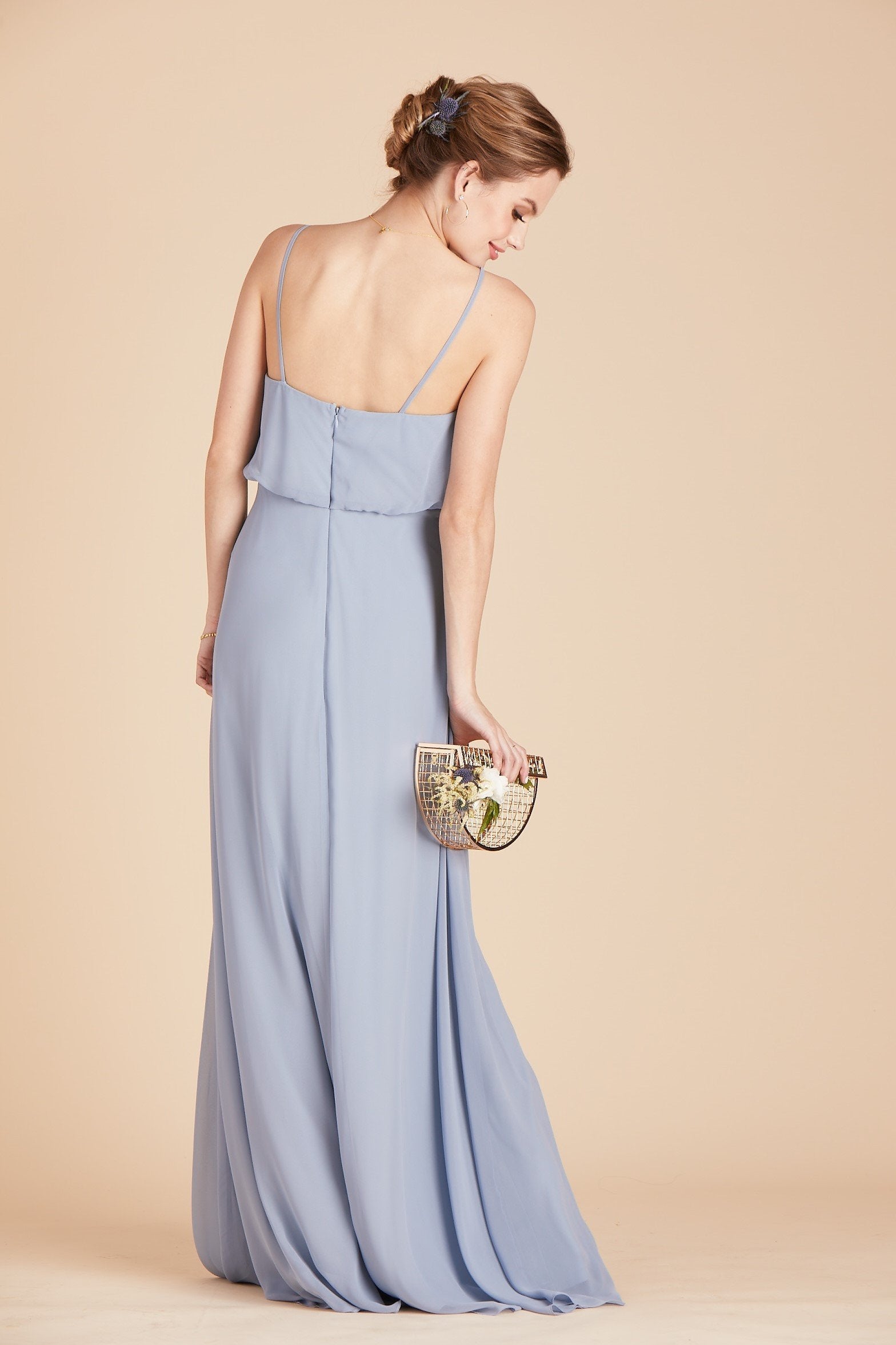 Gwennie bridesmaid dress in dusty blue chiffon by Birdy Grey, back view