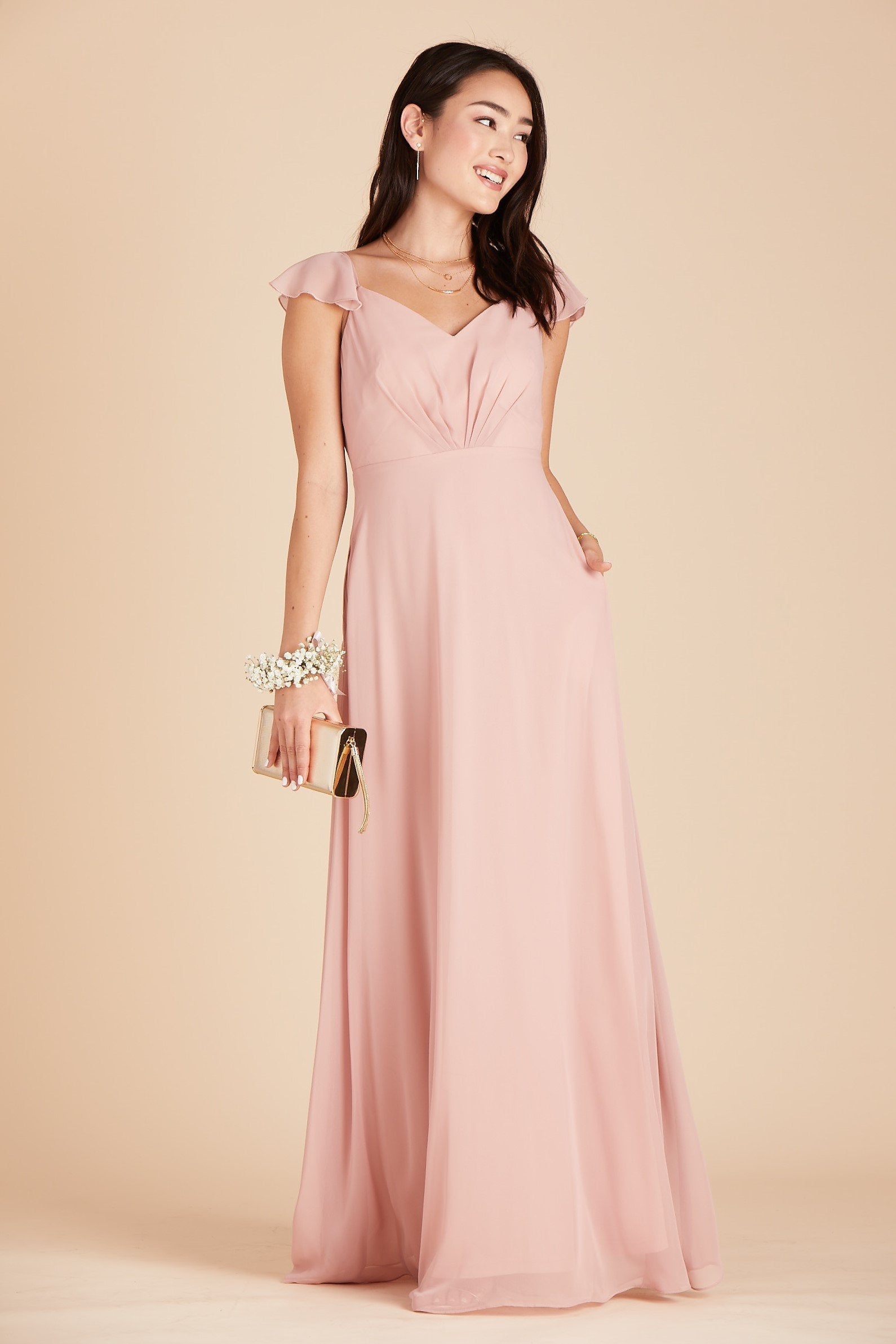 Kae bridesmaids dress in dusty rose pink chiffon by Birdy Grey, front view 