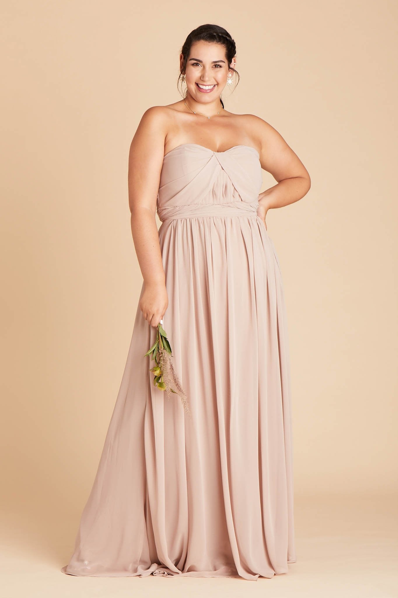 Grace convertible plus size bridesmaid dress in taupe chiffon by Birdy Grey, front view