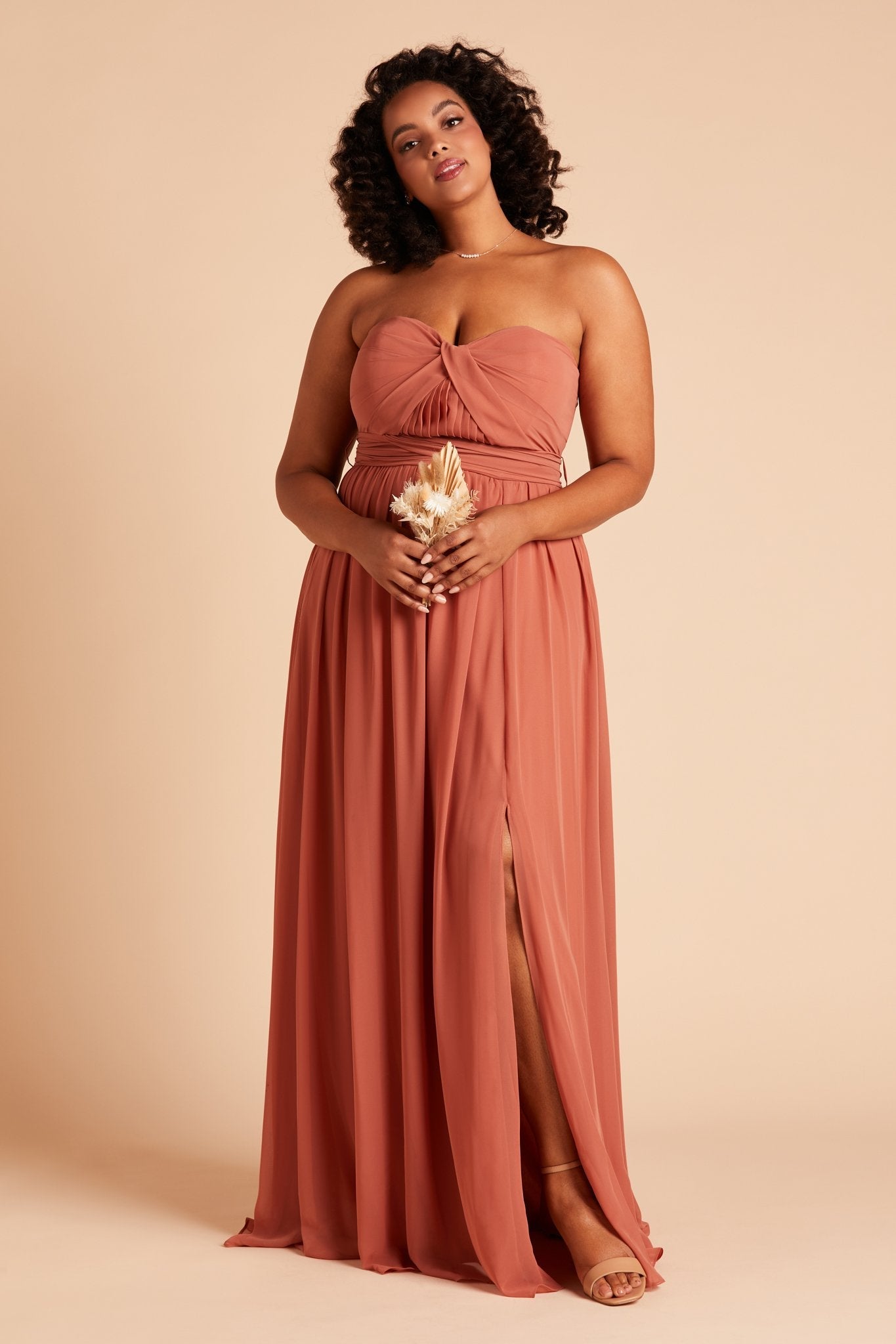 Grace convertible plus size bridesmaid dress with slit in terracotta orange chiffon by Birdy Grey, front view