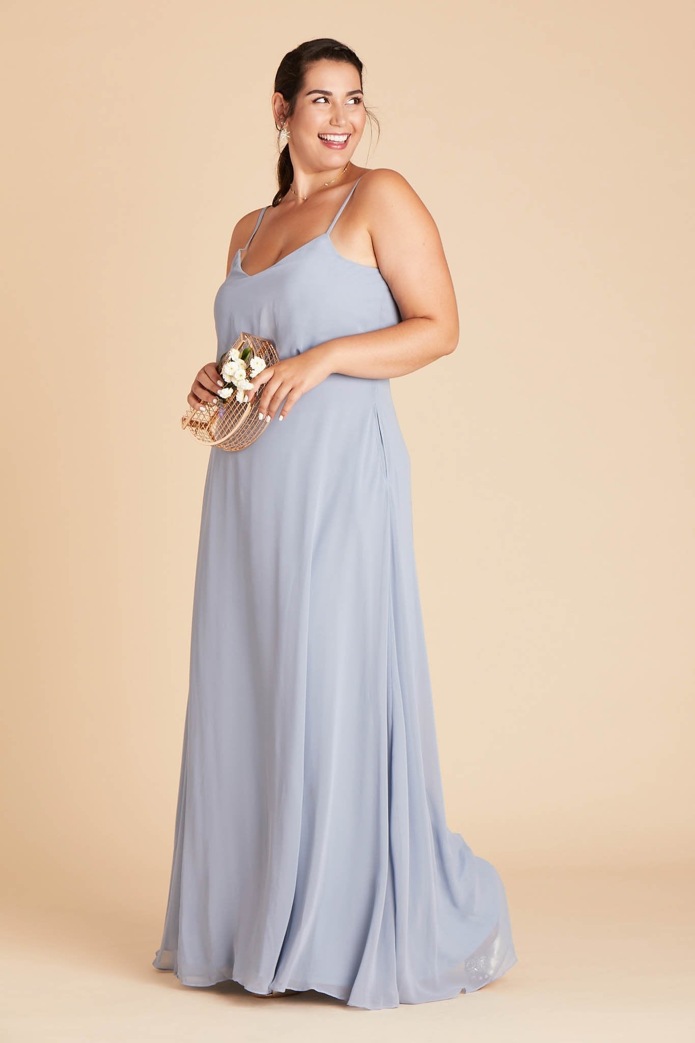 Gwennie plus size bridesmaid dress in dusty blue chiffon by Birdy Grey, side view