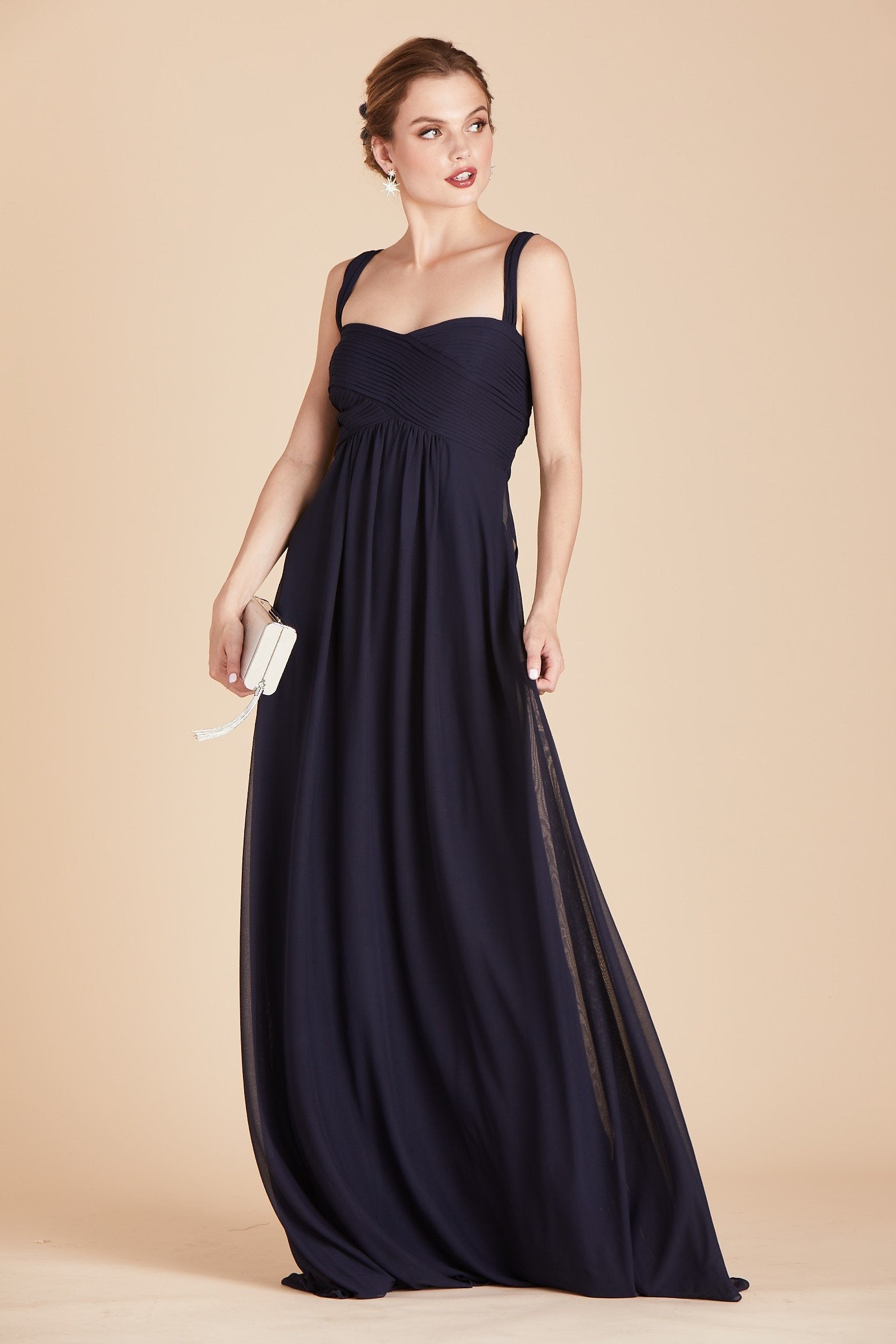 Maria convertible bridesmaids dress in navy blue chiffon by Birdy Grey, front view