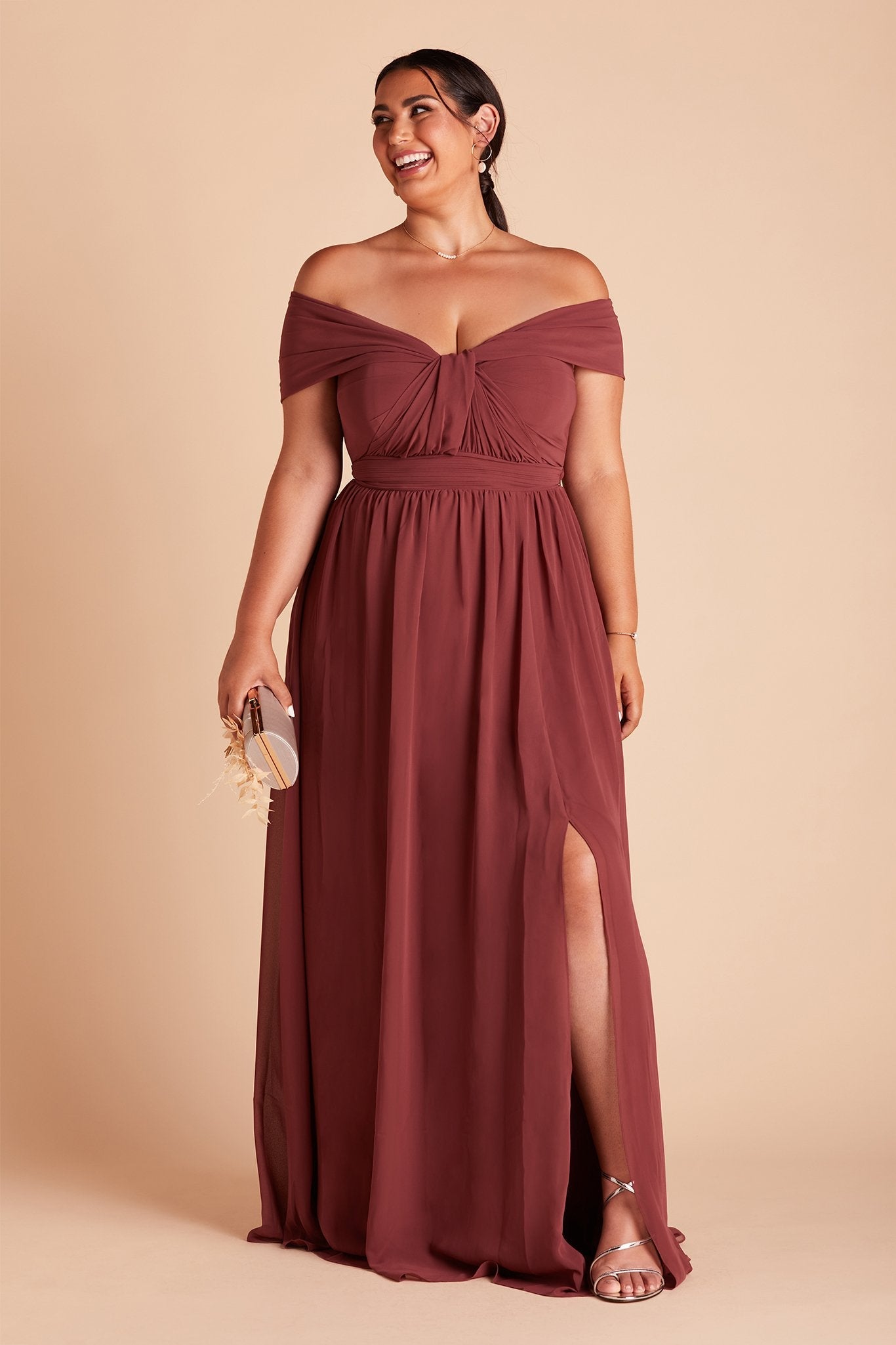 Grace convertible plus size bridesmaid dress with slit in rosewood chiffon by Birdy Grey, front view