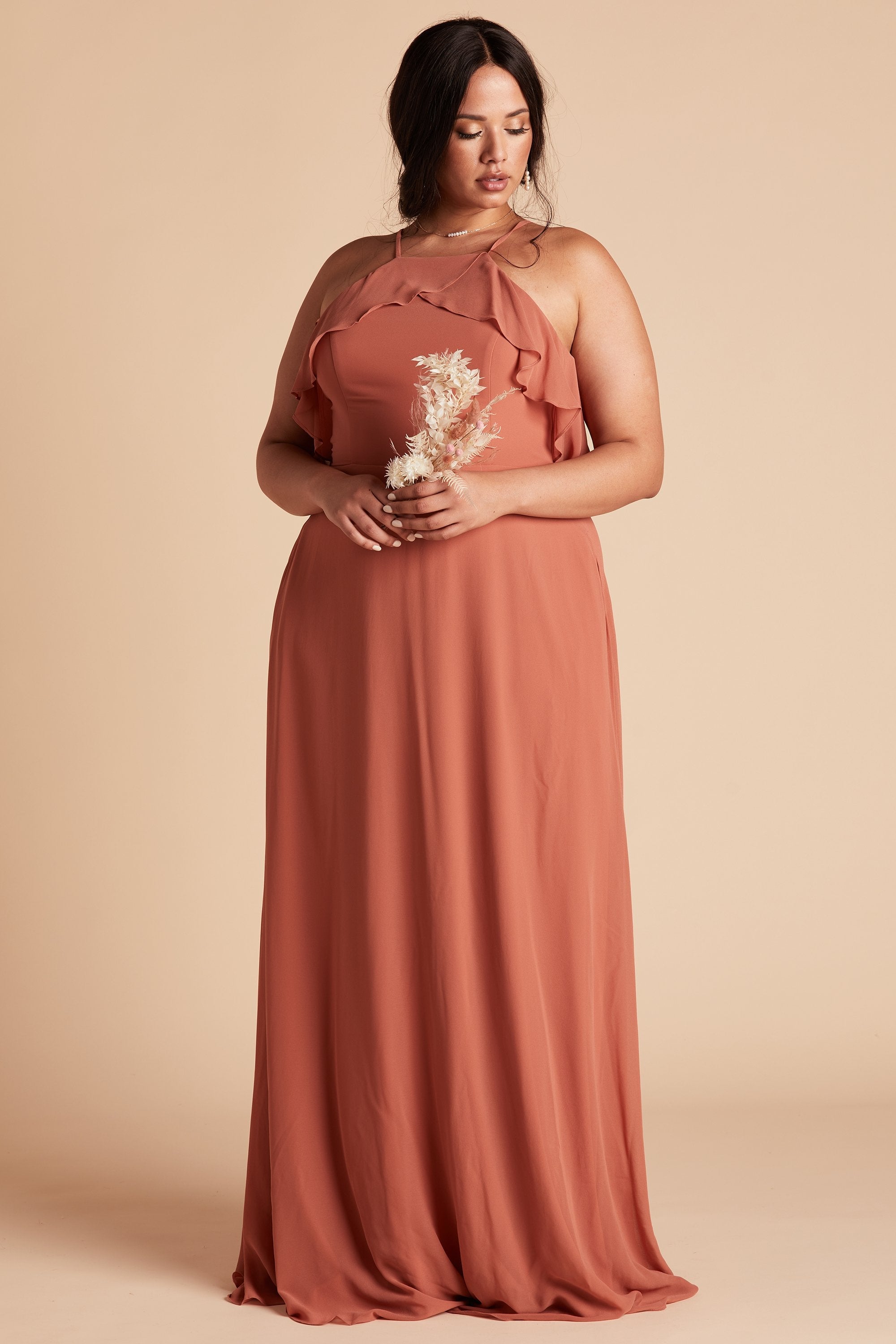 Jules plus size bridesmaid dress in terracotta orange chiffon by Birdy Grey, front view