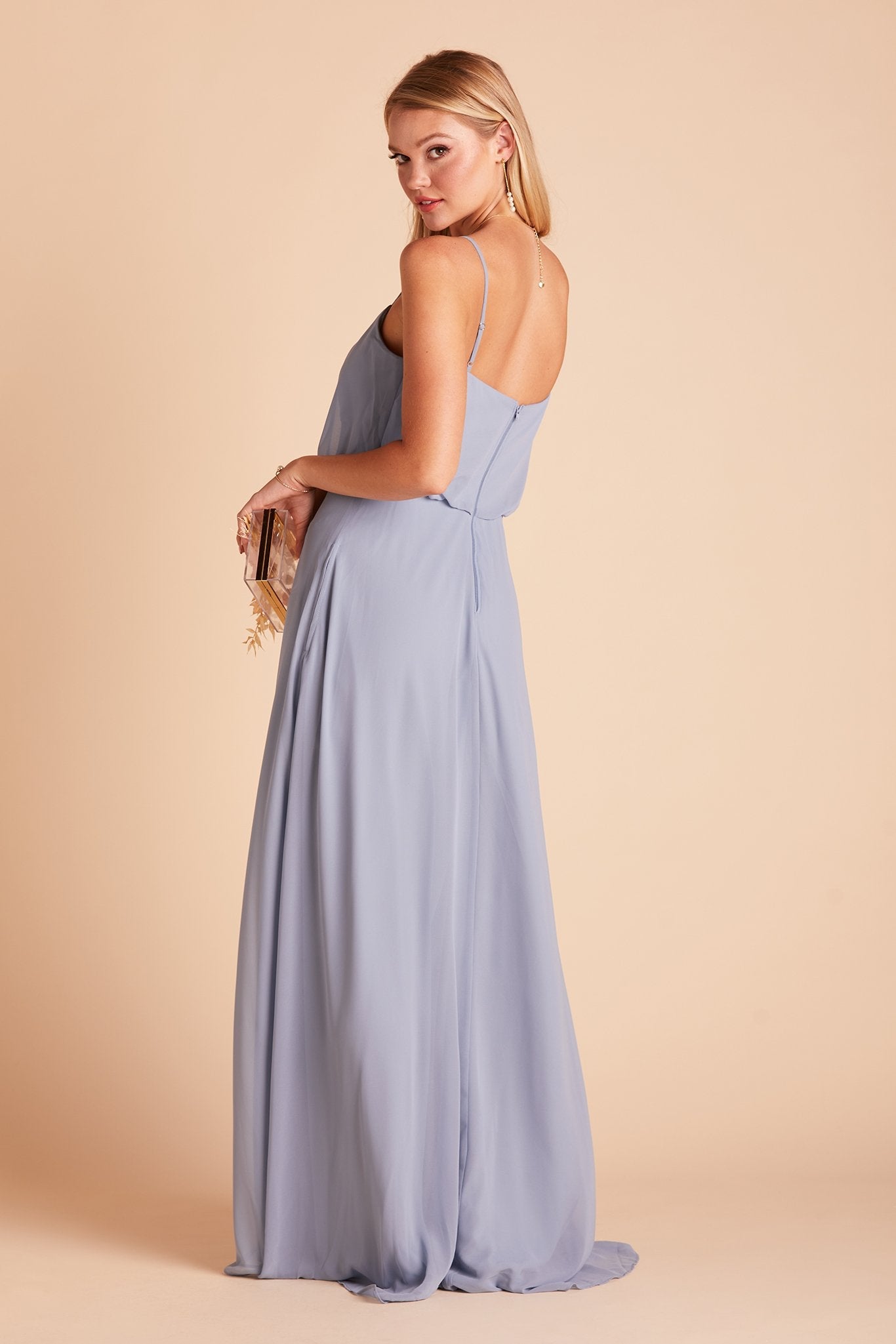 Gwennie bridesmaid dress in dusty blue chiffon by Birdy Grey, back view