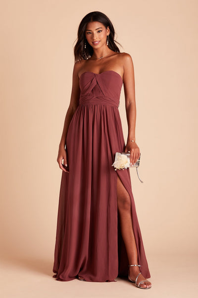 Grace convertible bridesmaid dress with slit in rosewood chiffon by Birdy Grey, front view