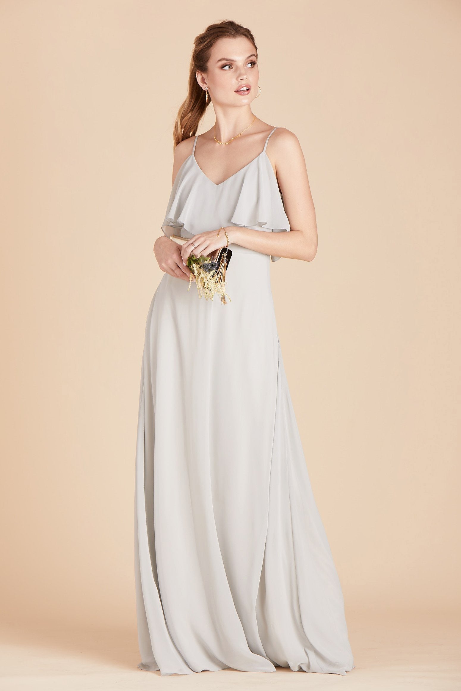 Jane convertible bridesmaid dress in dove gray chiffon by Birdy Grey, front view