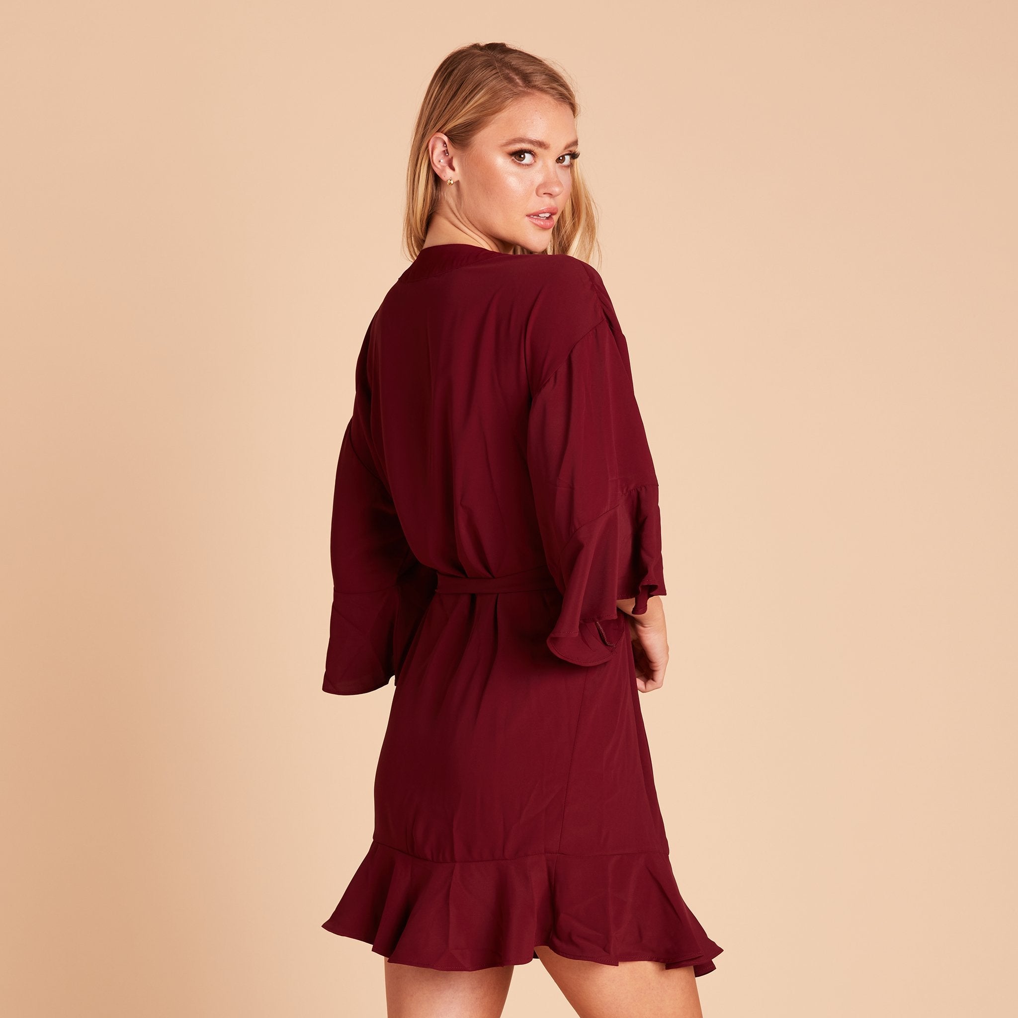 Kenny Ruffle Robe in cabernet burgundy by Birdy Grey, back view